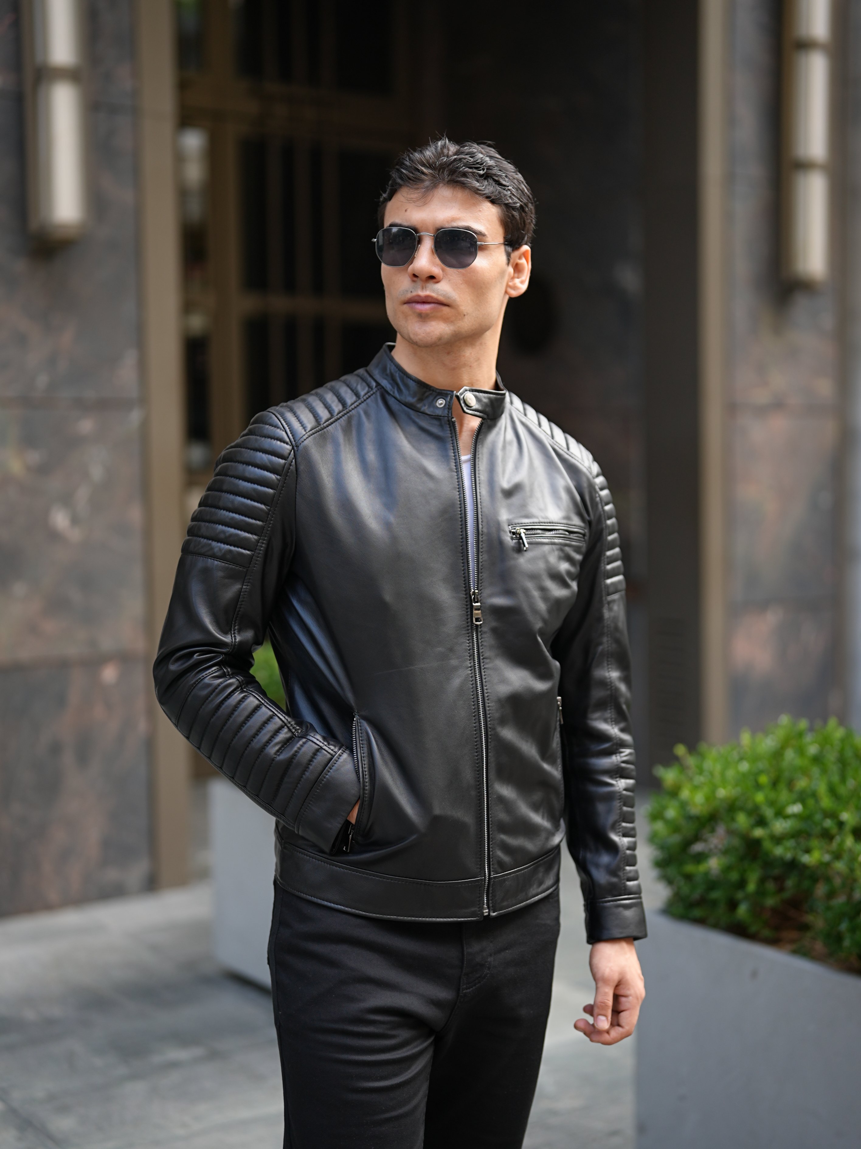 Erkek Standart Fit %100 Hakiki Kuzu Deri Mont-Siyah - Siyah