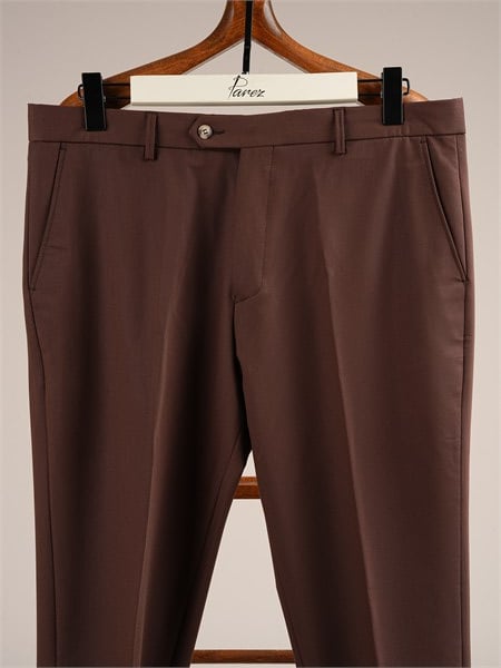 Erkek Slim Fit Yüksek Bel Duble Paça Kumaş Pantolon-Acı Kahve