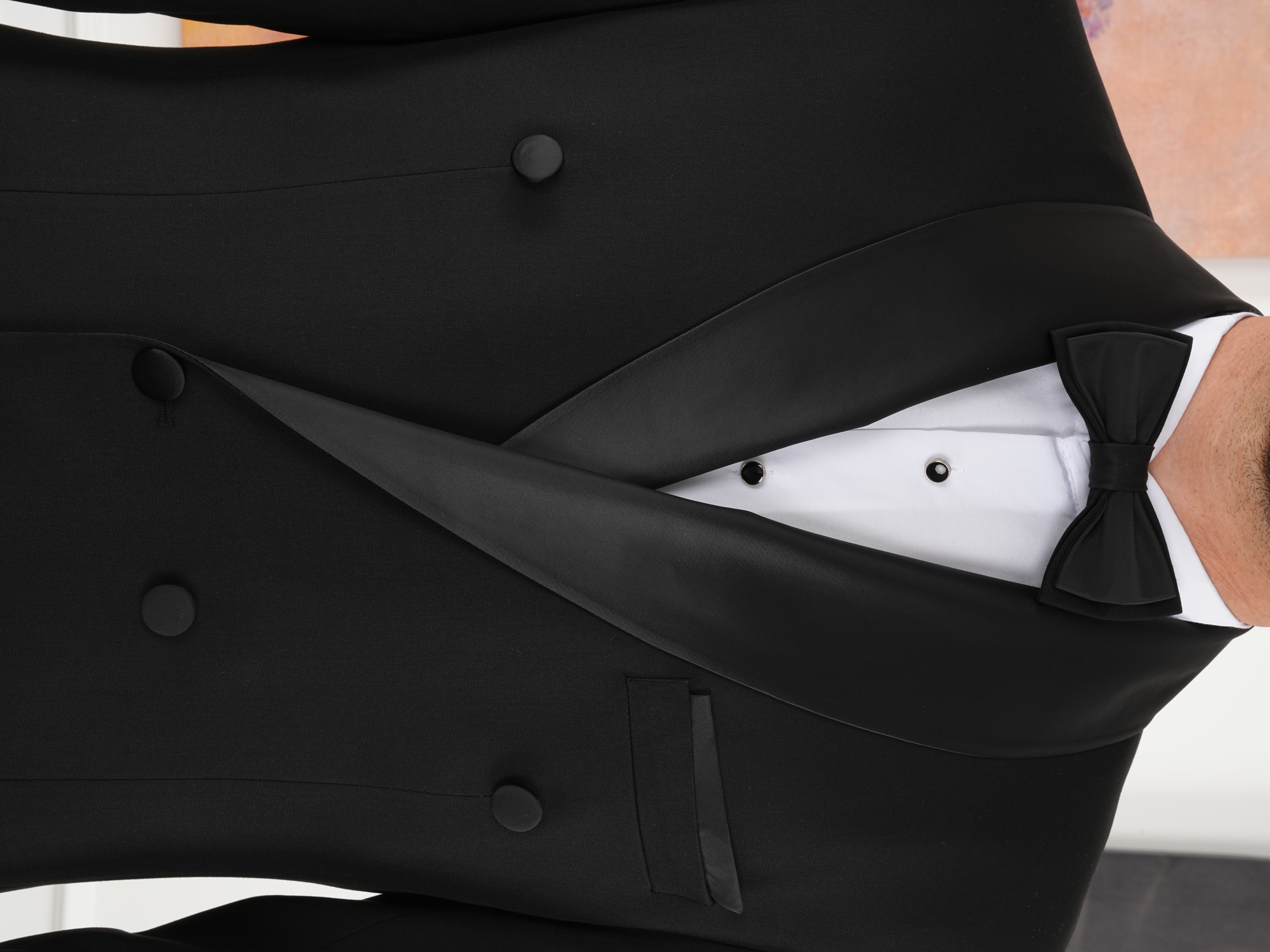 Erkek Premium Kruvaze Smokin Damatlık  Şal Yaka İtalyan Stil Ceket Pantolon Papyon - Siyah