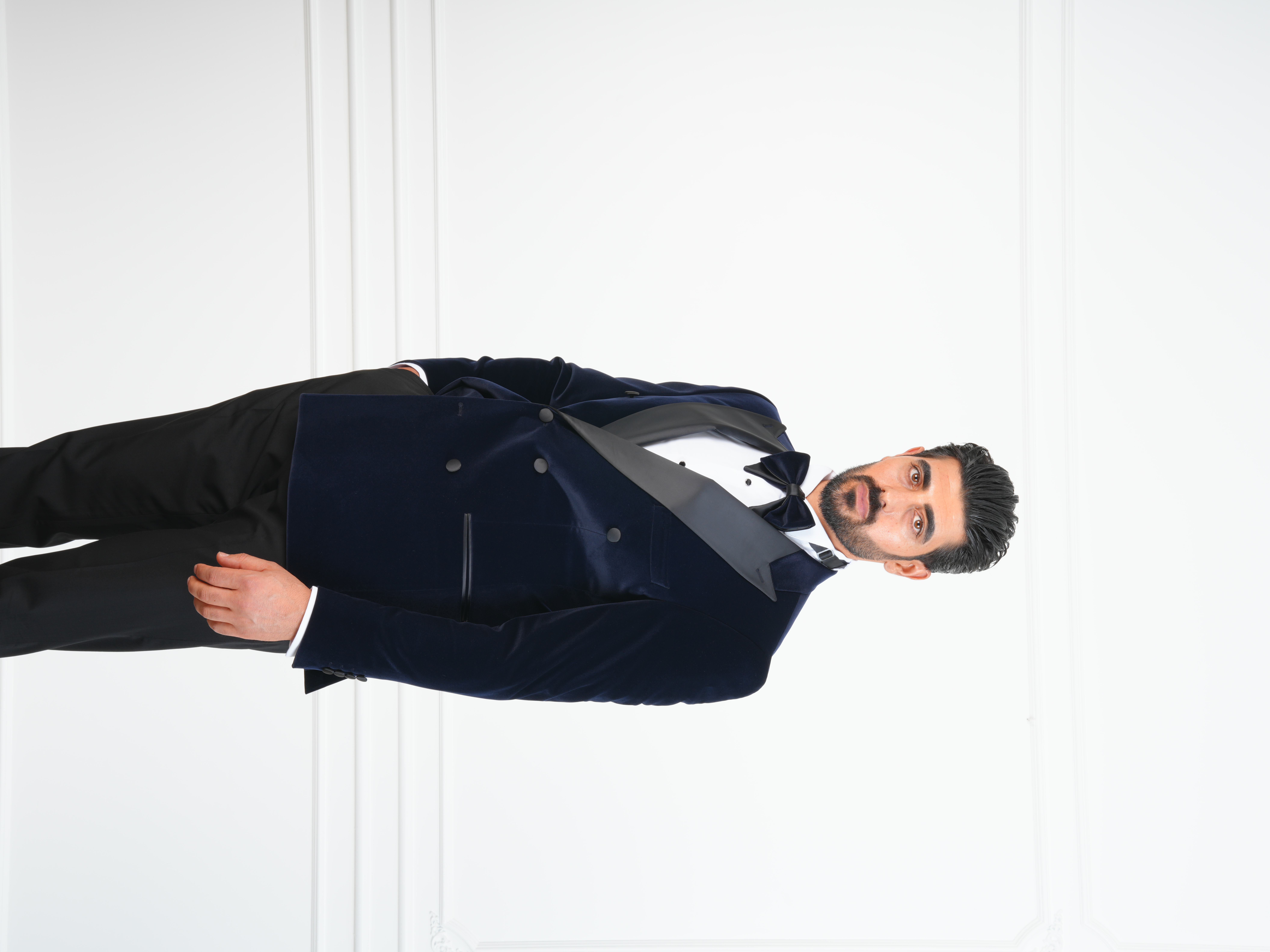 Erkek Premium Kadife Kruvaze Smokin Damatlık İtalyan Stil  Ceket Pantolon Papyon - Lacivert