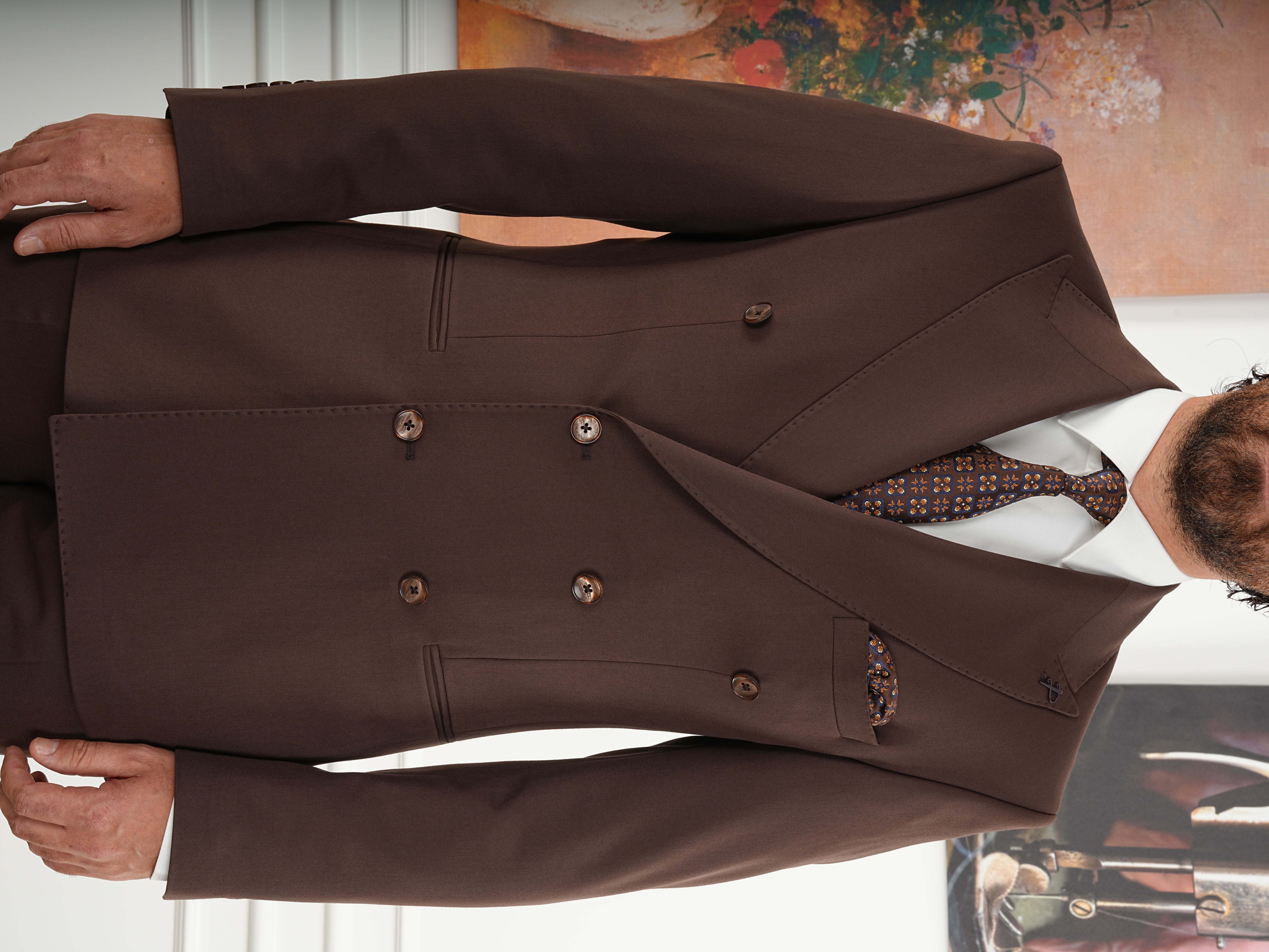 Erkek Slim Fit İtalyan Stil Kruvaze Takım Elbise Ceket Pantolon - Kahve