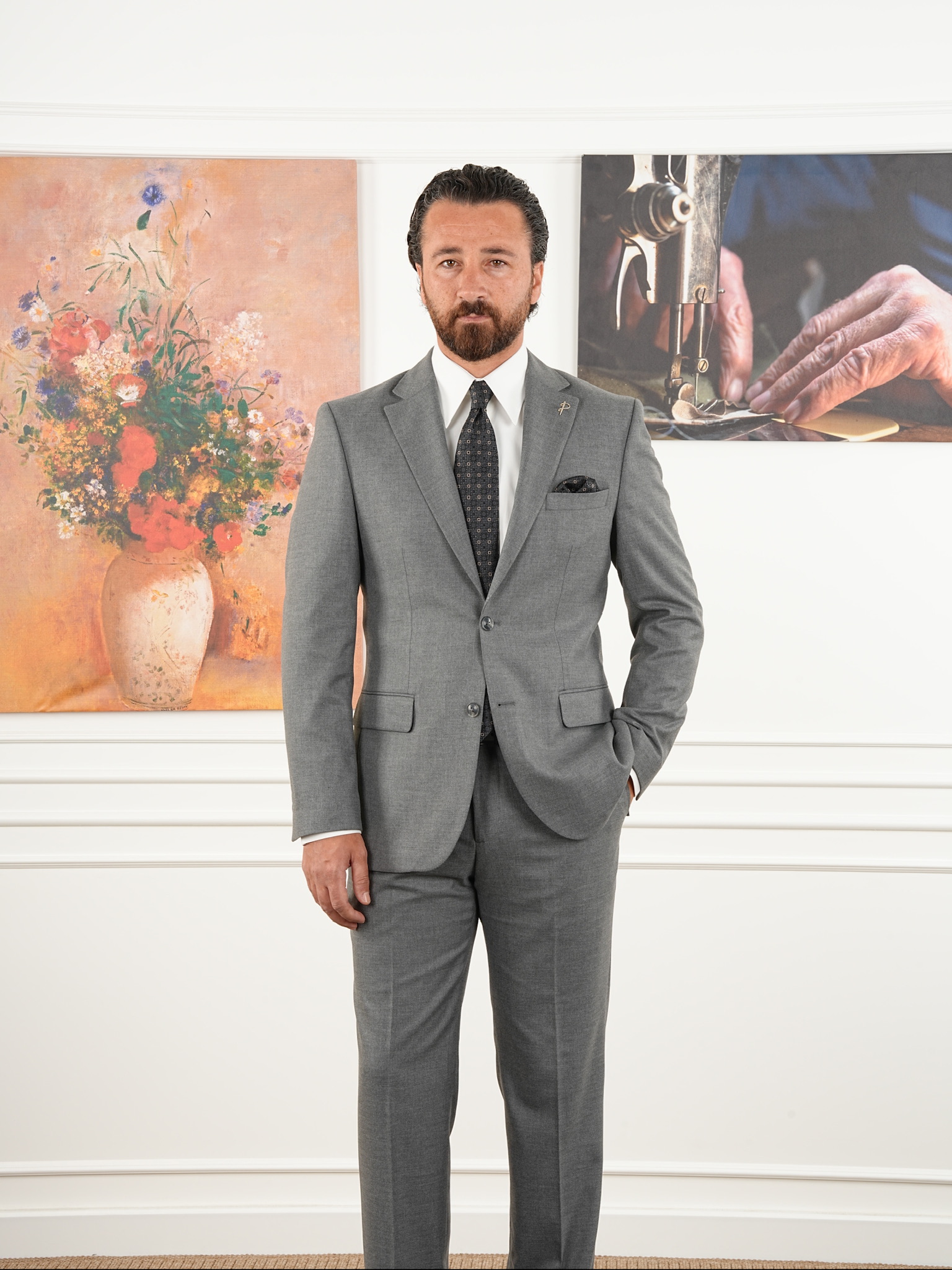 Premium Erkek Mono Yaka Takım Elbise Slim Fit İtalyan Stil Ceket Pantolon - Açık gri