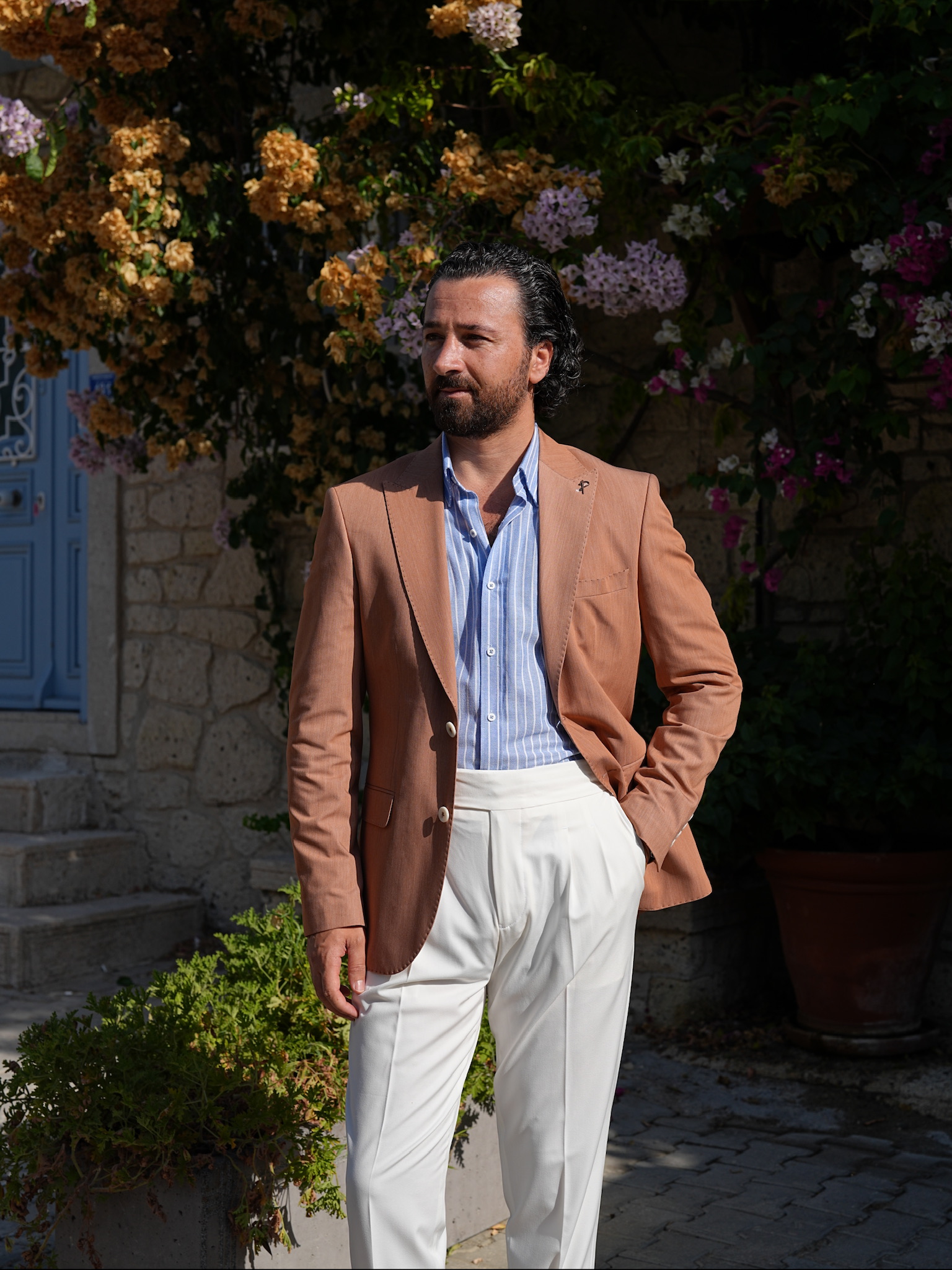 Erkek Premium İtalyan Stil Slim Fit Erkek Punto Dikişli Torba Cepli Yarım Astarlı Ceket - Taba