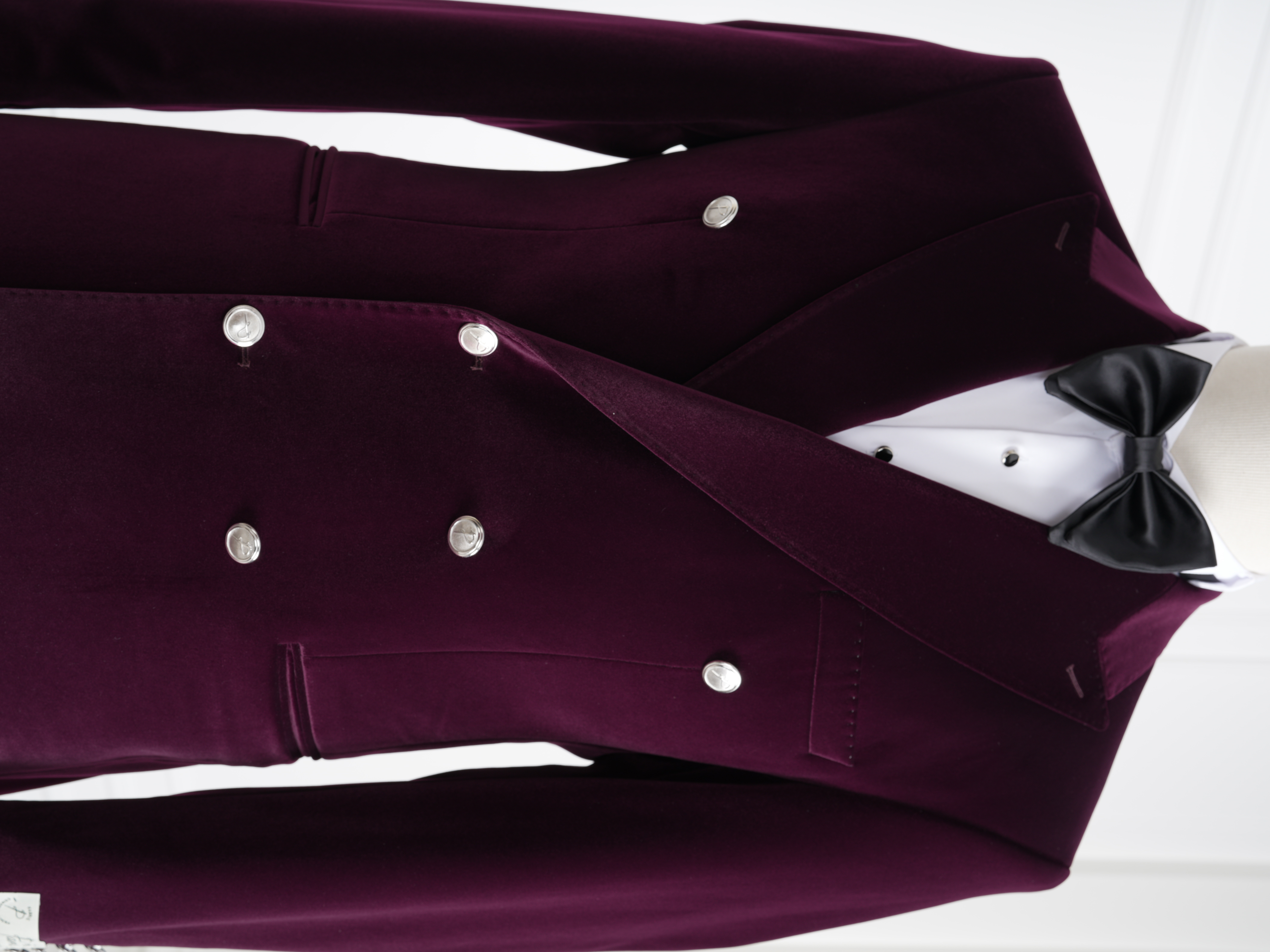 Premium Erkek Kadife Kruvaze Smokin Damatlık Metal Düğme Punto Dikişli Ceket Pantolon Papyon - Mor