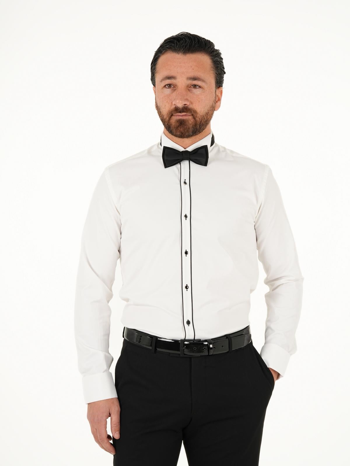 Erkek Premum Siyah Şeritli Slim Fit İtalyan Stil Ata Yaka Gömlek - Beyaz