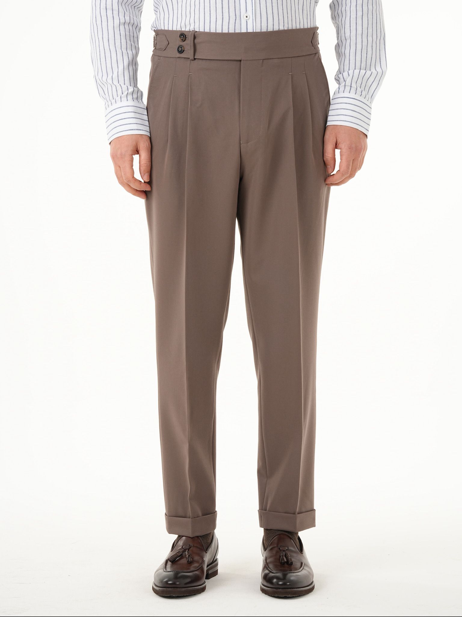 Erkek Regular Fit Yüksek Bel Piliseli Tokalı Kumaş Pantolon - Kahve