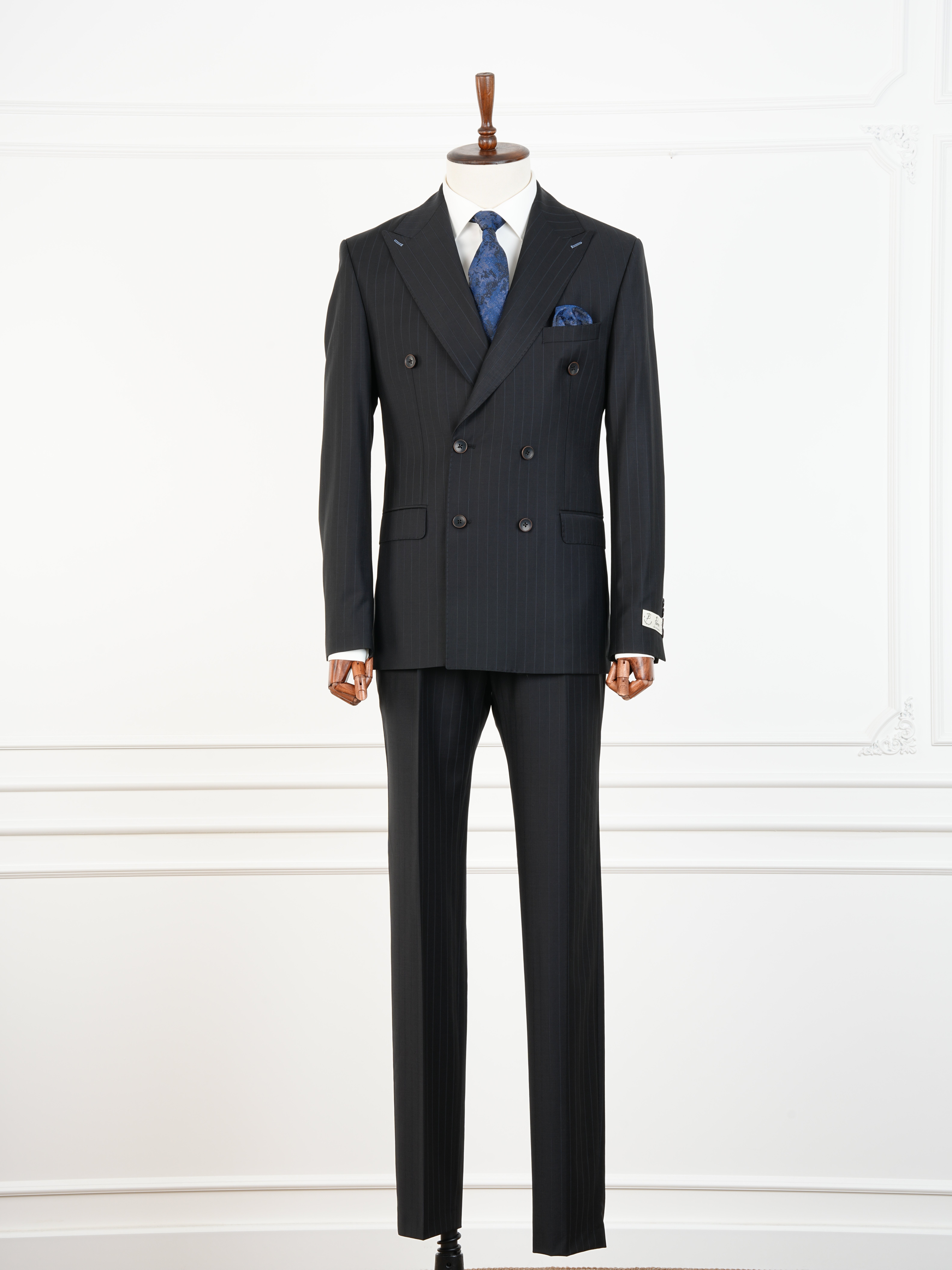 Premium Yünlü Erkek Kruvaze Takım Elbise Slim Fit İtalyan Stil Ceket Pantolon - Siyah