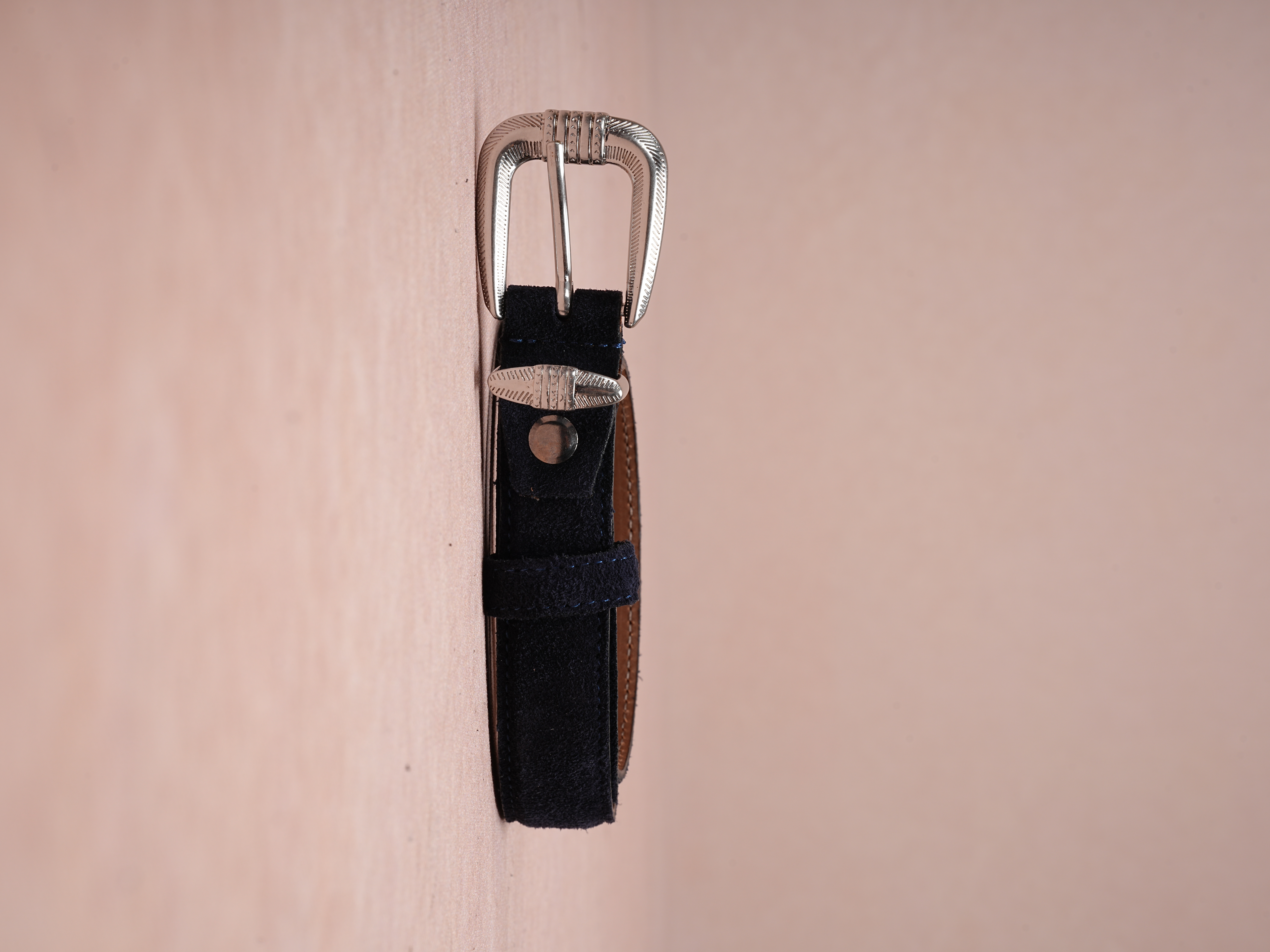 Erkek %100 Hakiki Süet Deri Ince Kalay Kaplama Beyaz Tokalı Kemer 2.5 Cm - Lacivert