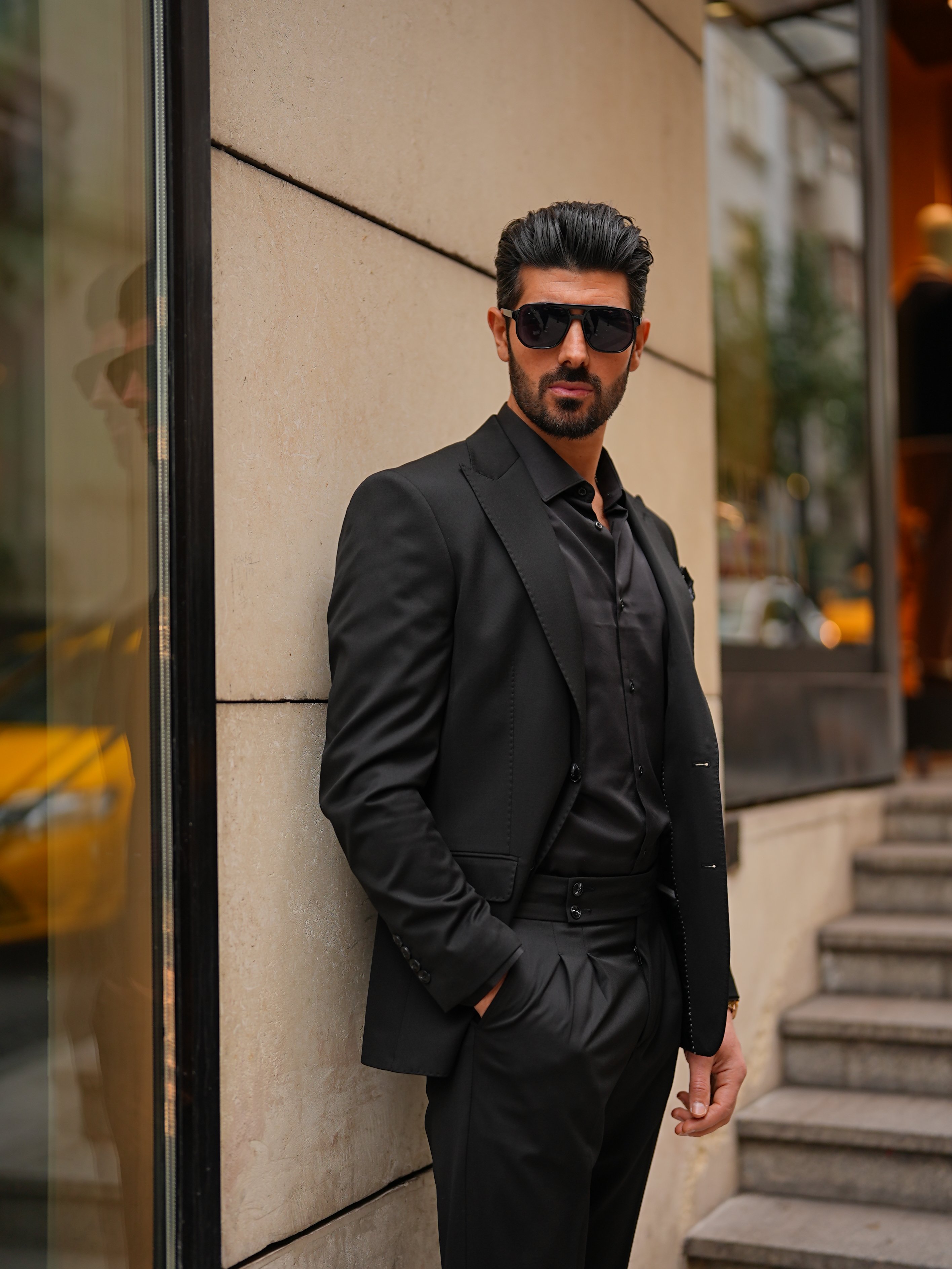 Erkek Premıum Takım Elbise İtalyan Stil Pileli Pantolıb Punto Dikişli Ceket Pantolon - Siyah