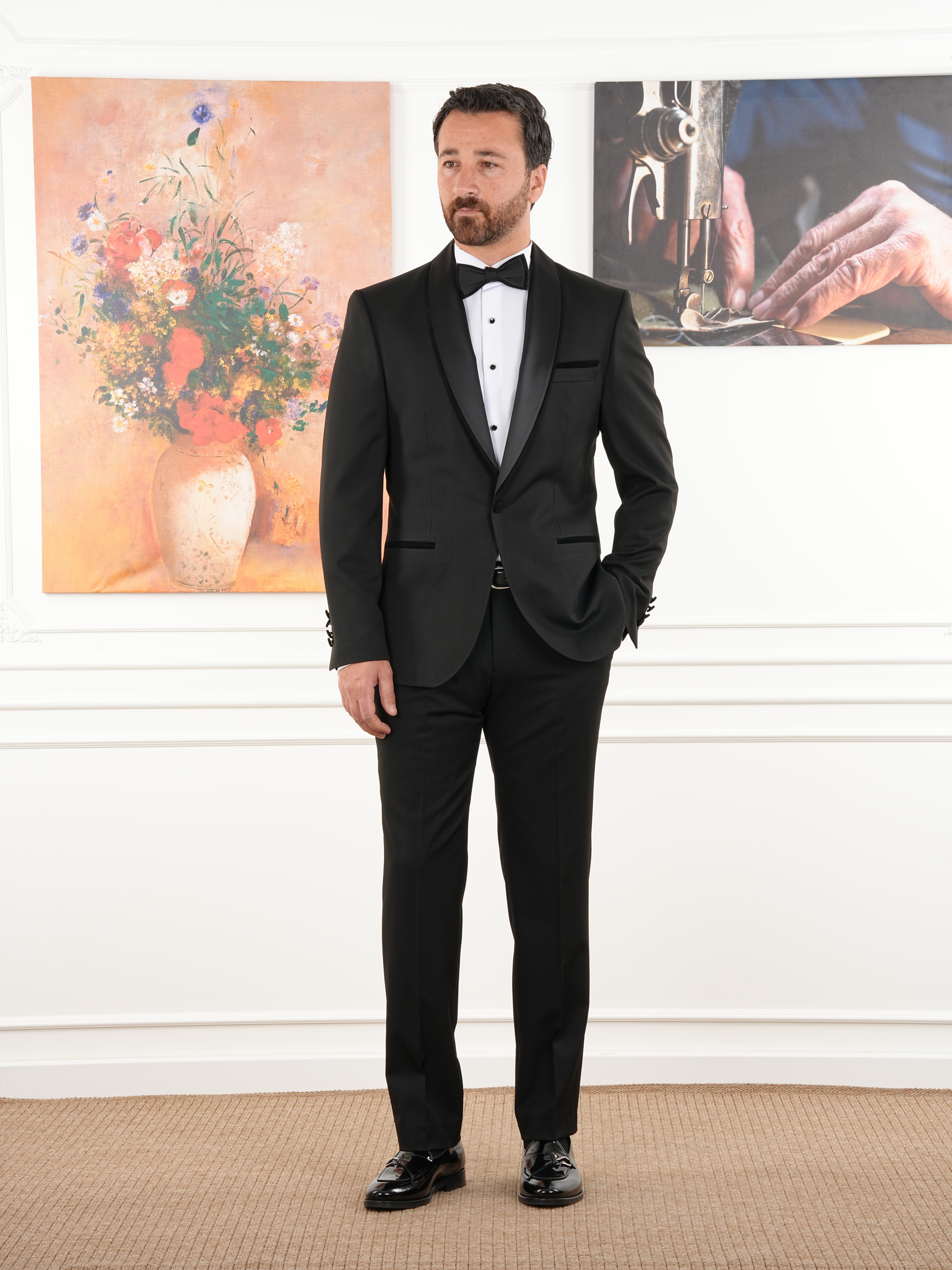 Erkek Luxury Smokin Damatlık Tek Düğme İtalyan İtalyan Stil Ceket Pantolon Papyon - Siyah