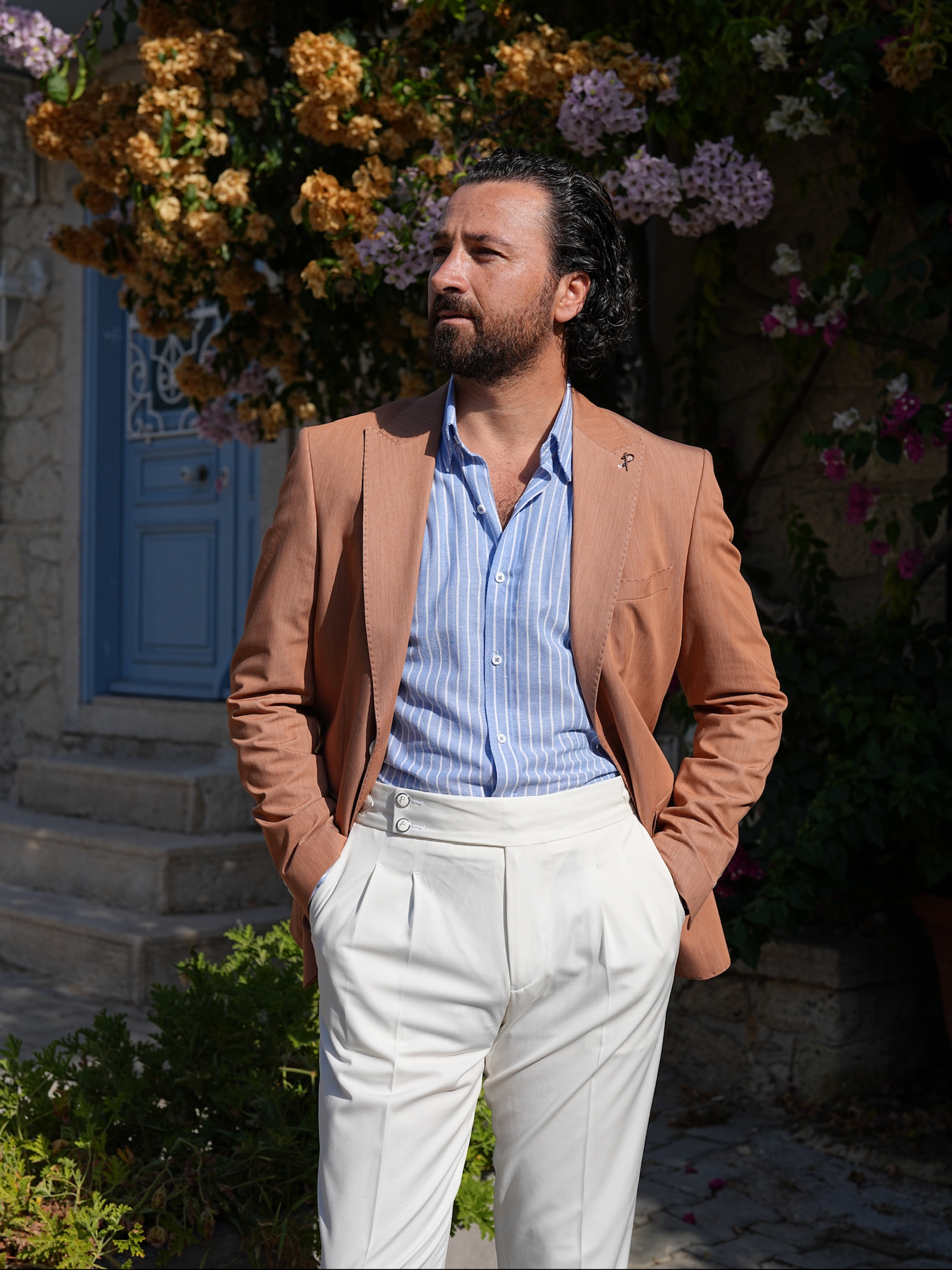 Erkek Premium İtalyan Stil Slim Fit Erkek Punto Dikişli Torba Cepli Yarım Astarlı Ceket - Taba