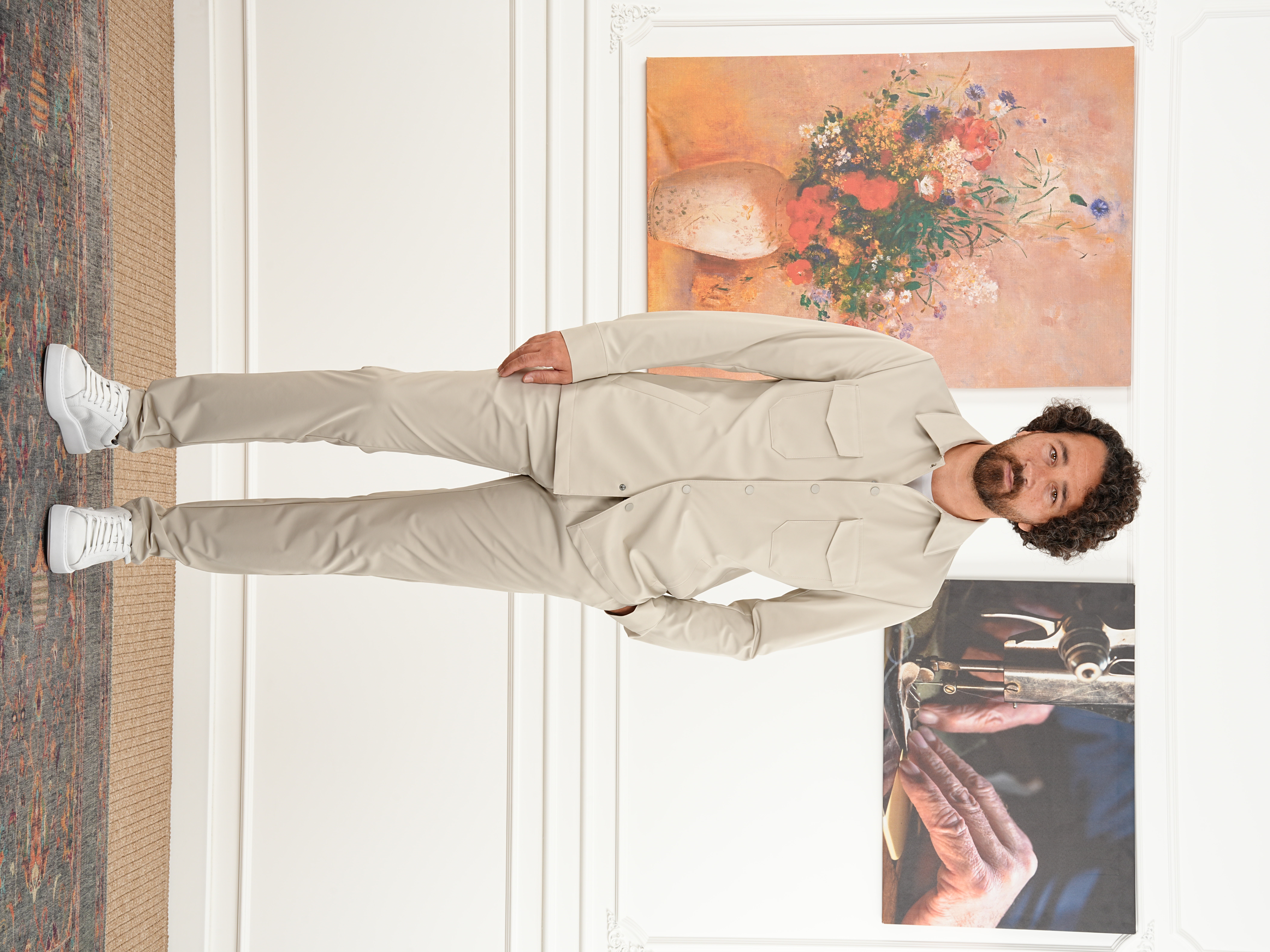 Erkek Slim Fit İtalyan Stil Safari Takım Ceket Pantolon - Bej