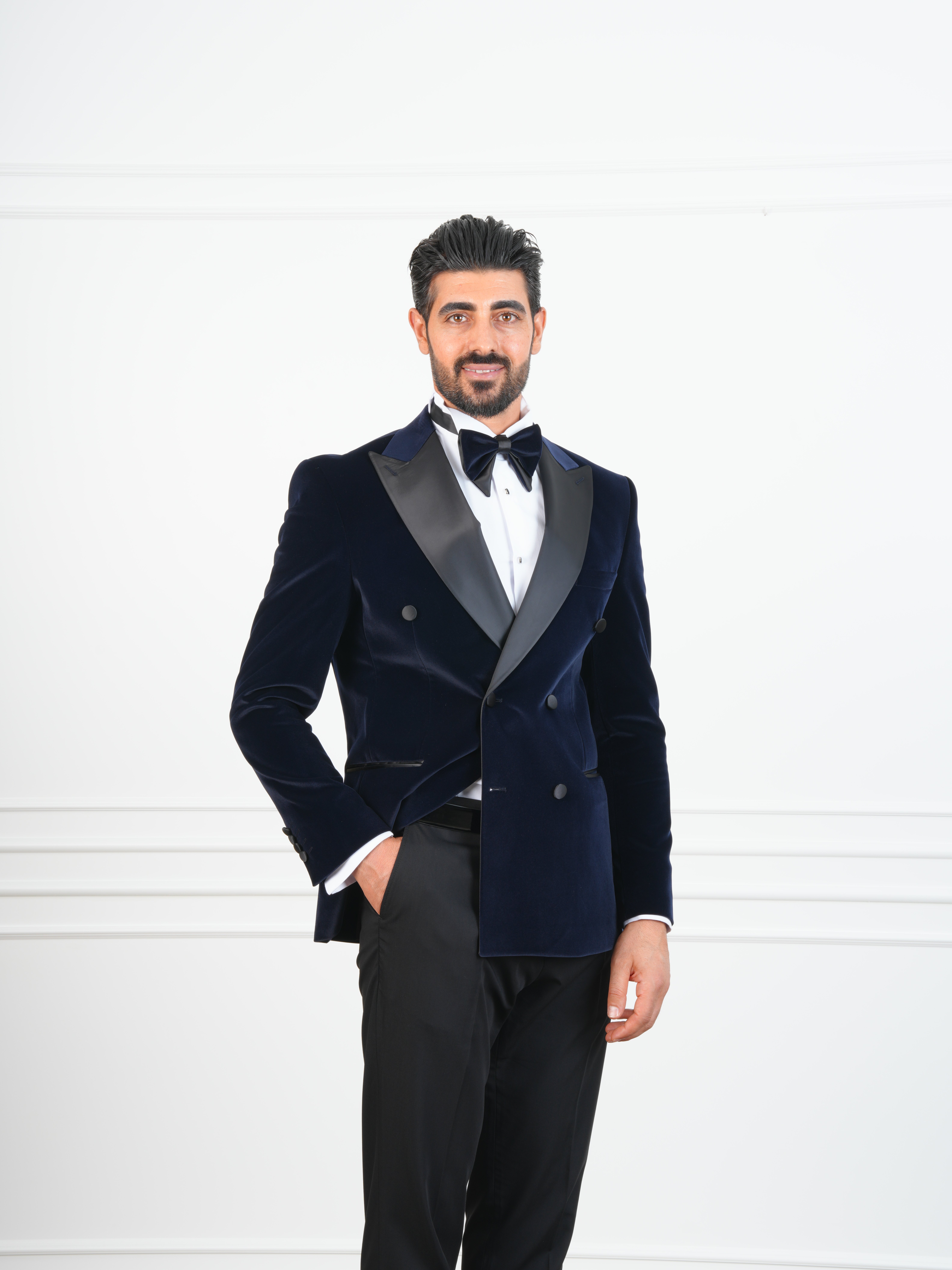 Erkek Premium Kadife Kruvaze Smokin Damatlık İtalyan Stil  Ceket Pantolon Papyon - Lacivert