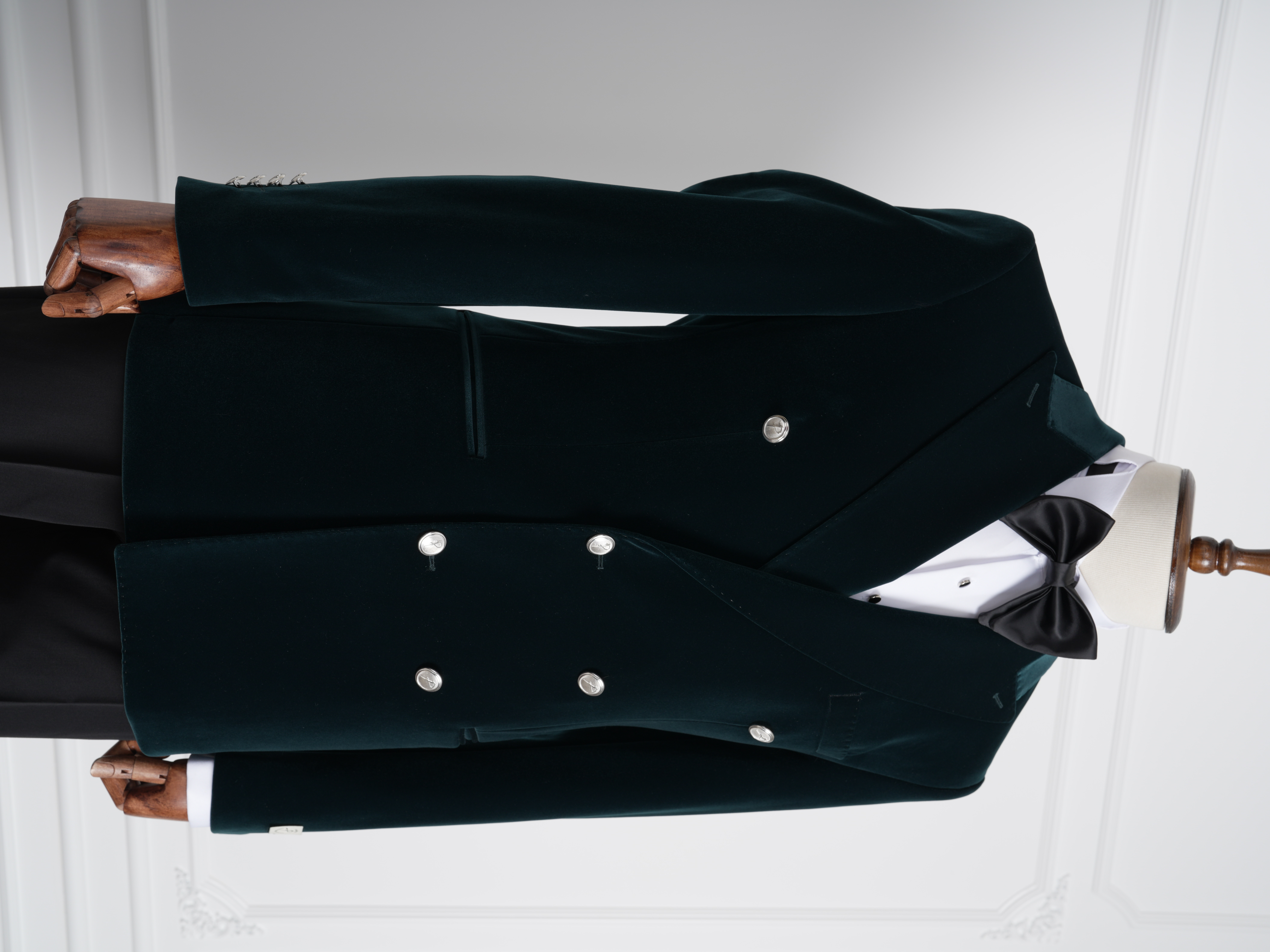 Premium Erkek Kadife Kruvaze Smokin Damatlık Metal Düğme Punto Dikişli Ceket Pantolon Papyon - Haki