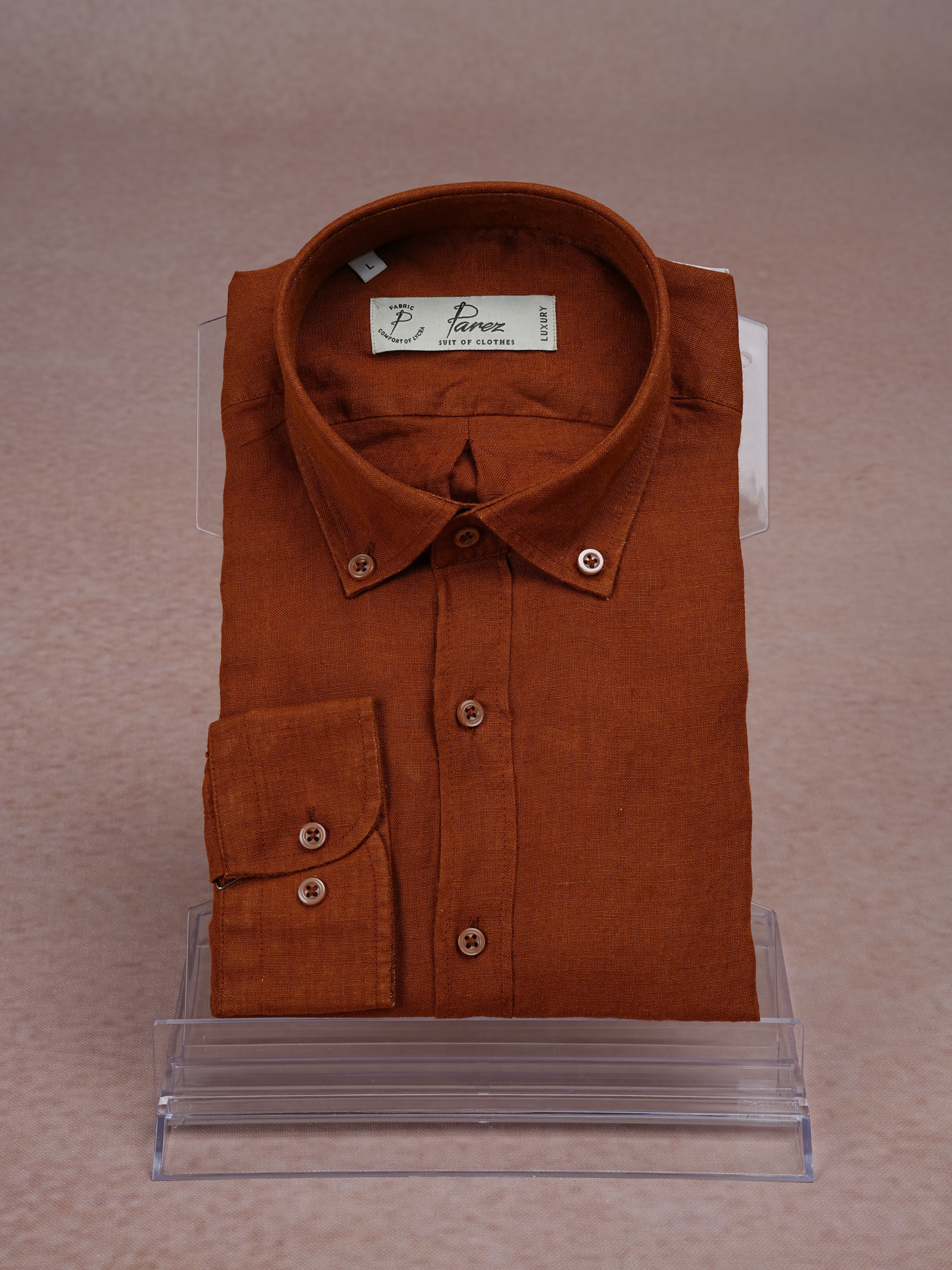 PAREZ Keten Gömlek Modern Fit Yaka Düğmeli - Camel