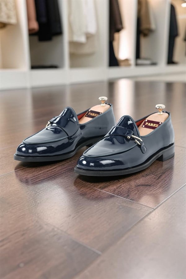 İtalyan Stil İç Dış Rugan Deri Erkek Tokalı Ayakkabı - Lacivert Rugan