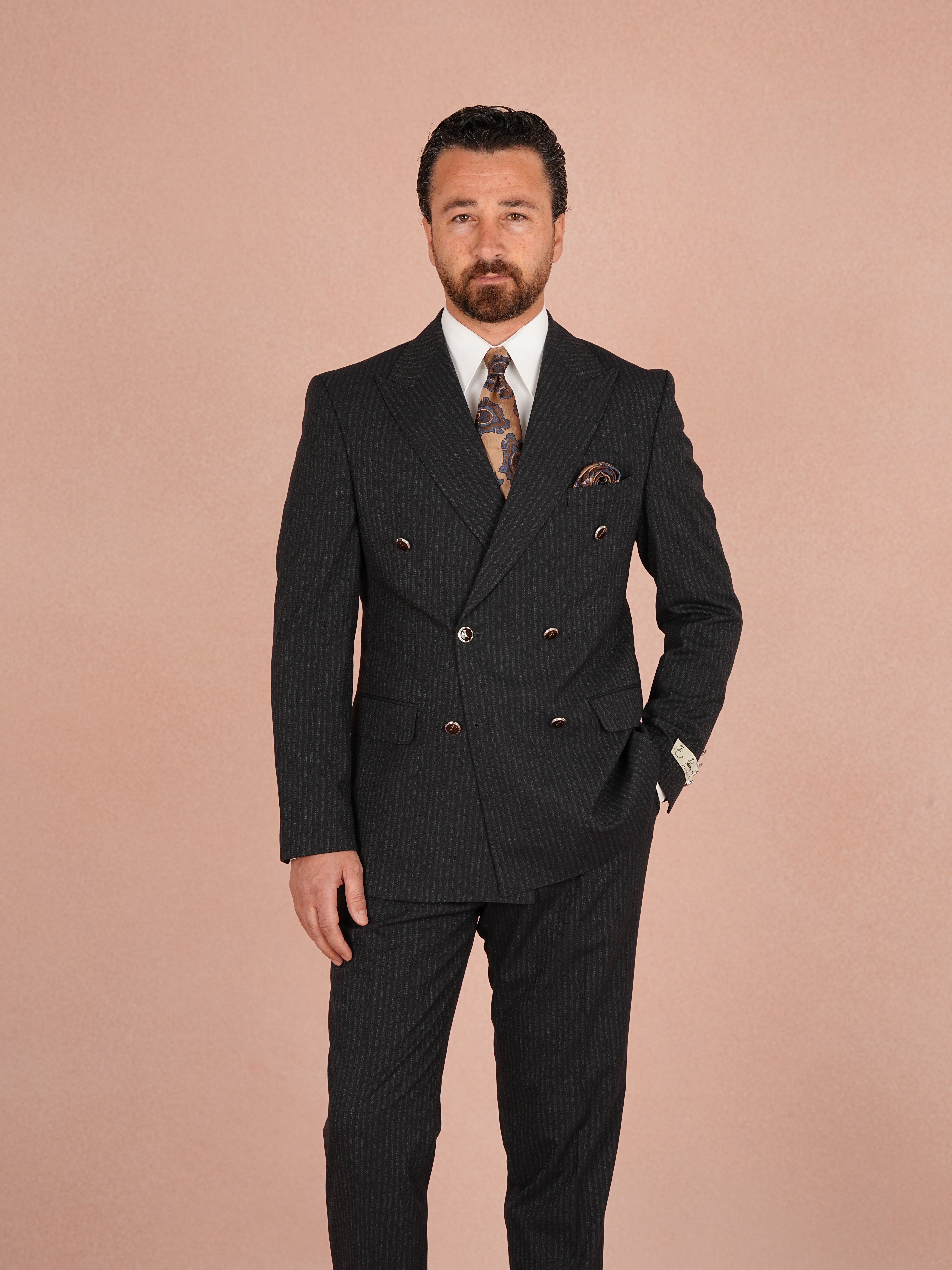 Premium Erkek Çizgili Kruvaze Takım Elbise Slim Fit İtalyan Stil Ceket Pantolon - Siyah