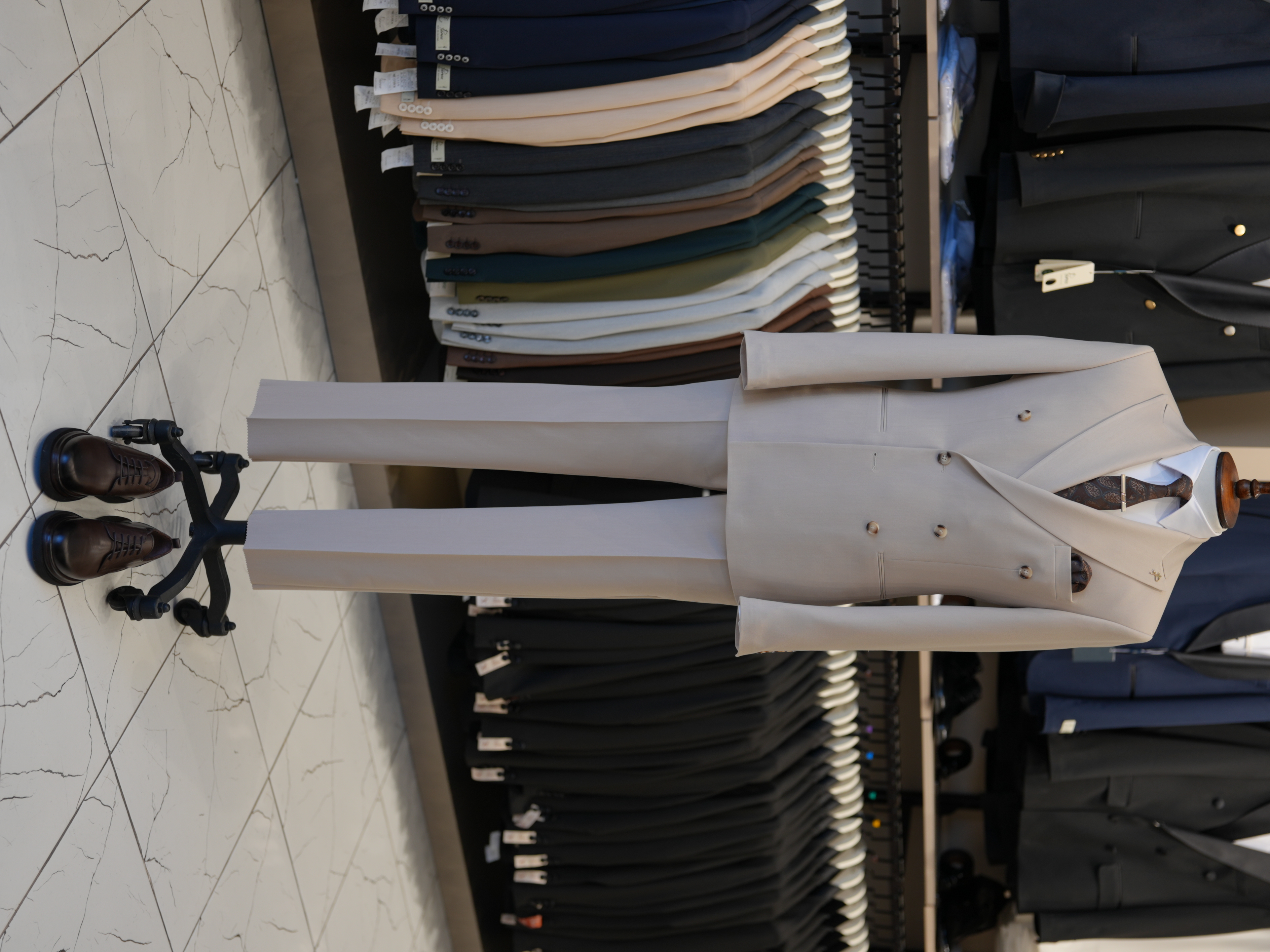 Erkek Kruvaze Takım Elbise Slim Fit İtalyan Stil Ceket Pantolon - Krem
