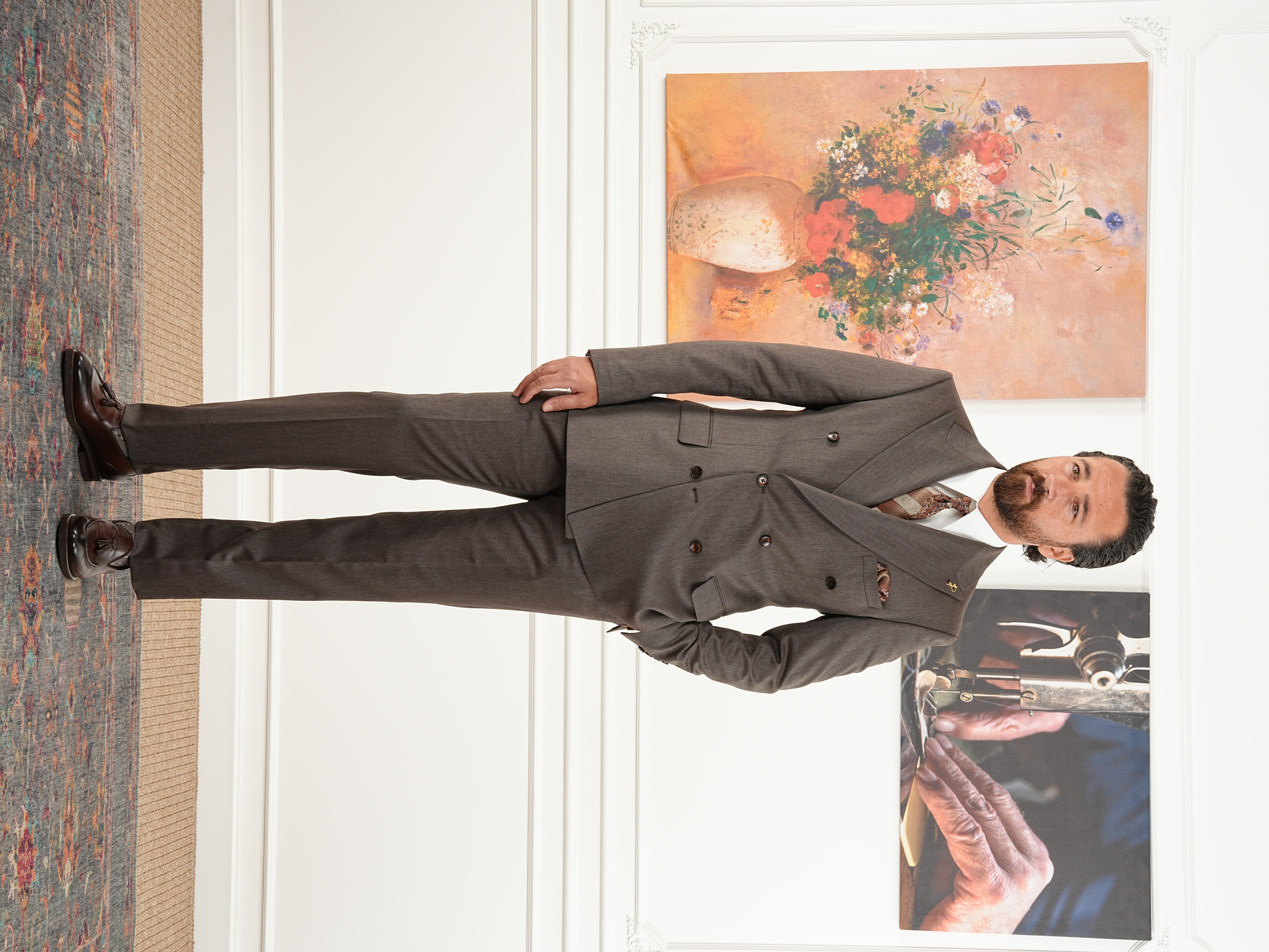 Erkek Slim Fit İtalyan Stil Kruvaze Takım Elbise Ceket Pantolon - Kahve