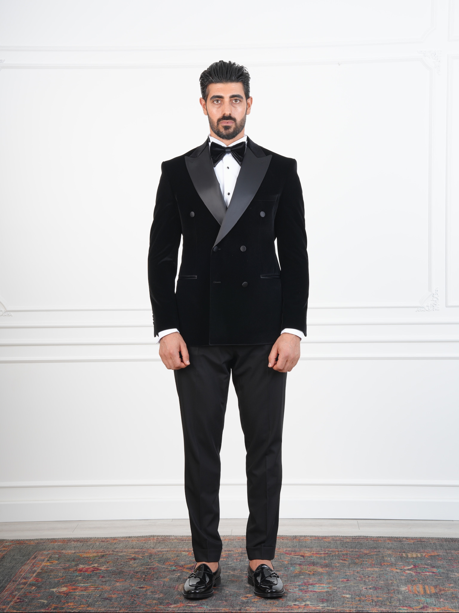 Erkek Premium Kadife Kruvaze Smokin Damatlık İtalyan Stil  Ceket Pantolon Papyon - Siyah