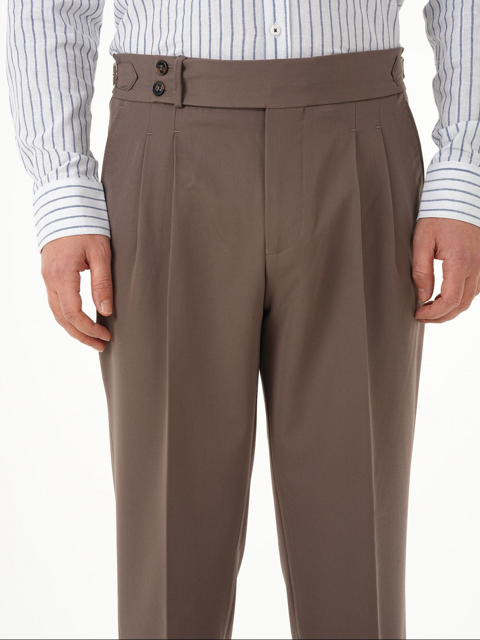 Erkek Regular Fit Yüksek Bel Piliseli Tokalı Kumaş Pantolon - Kahve