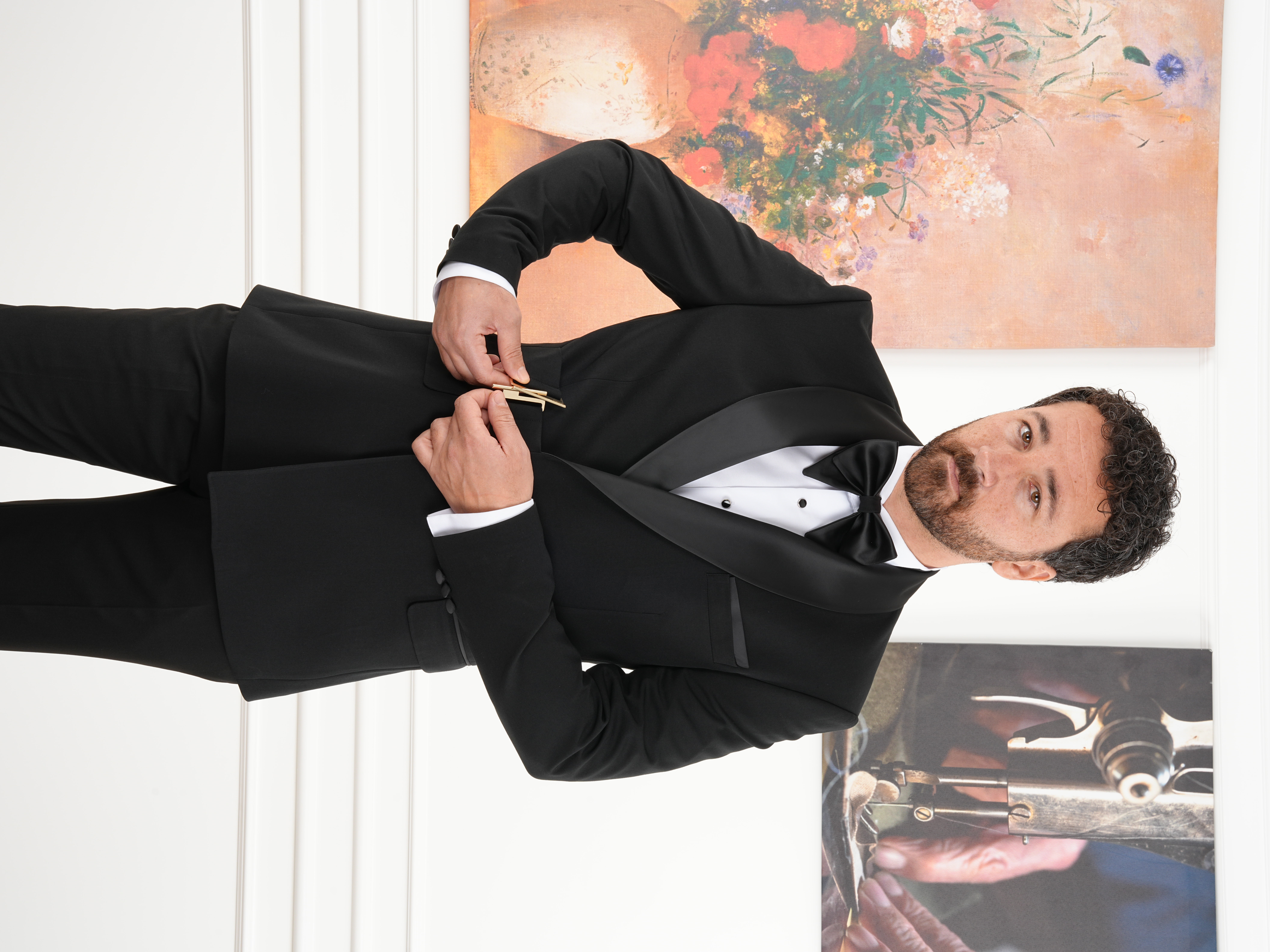 Erkek Kruvaze Tokalı Smokin Damatlık İtalyan Stil Ceket Pantolon Papyon - Siyah