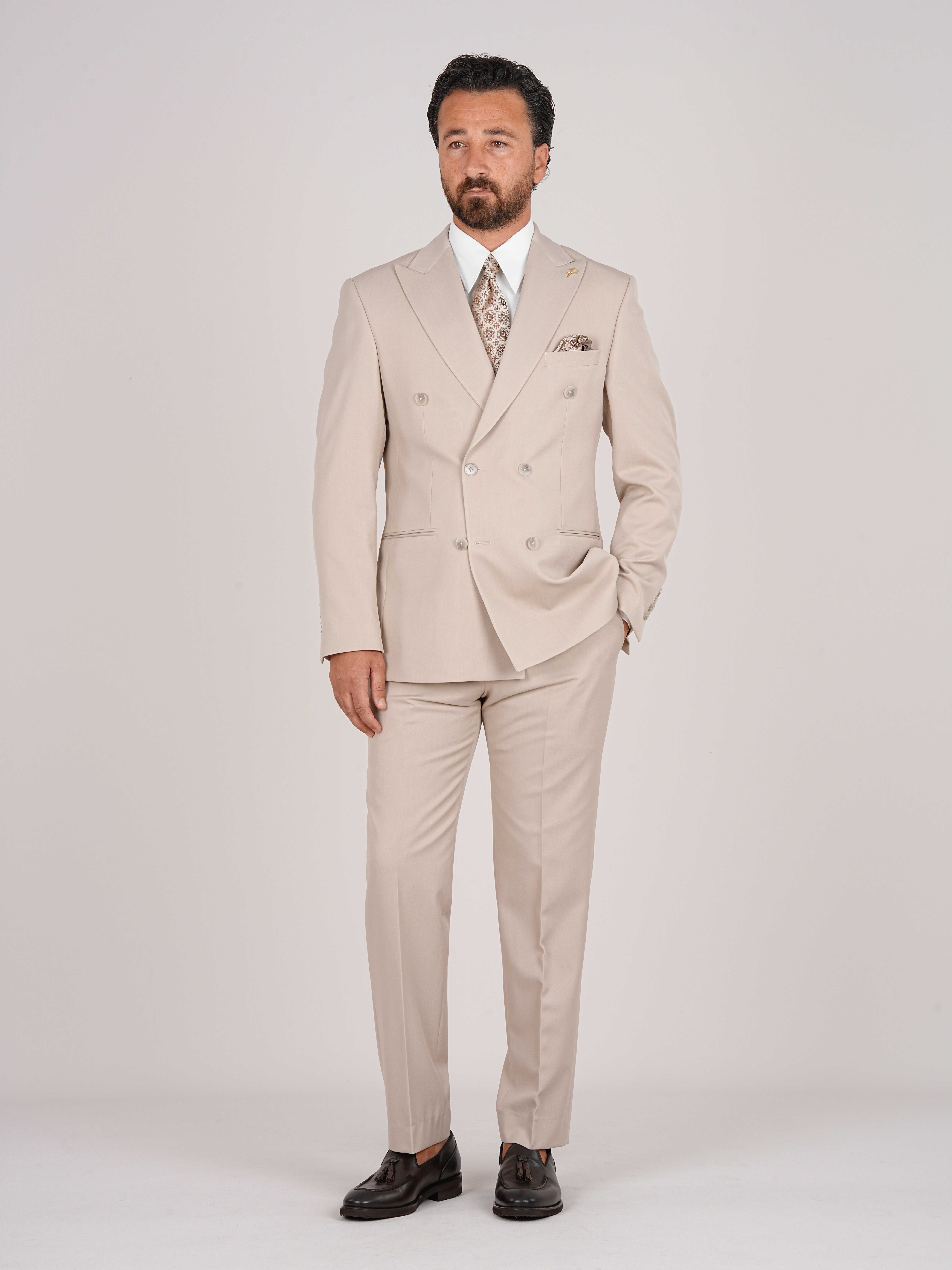 Erkek Kruvaze Takım Elbise Slim Fit İtalyan Stil Ceket Pantolon - Bej