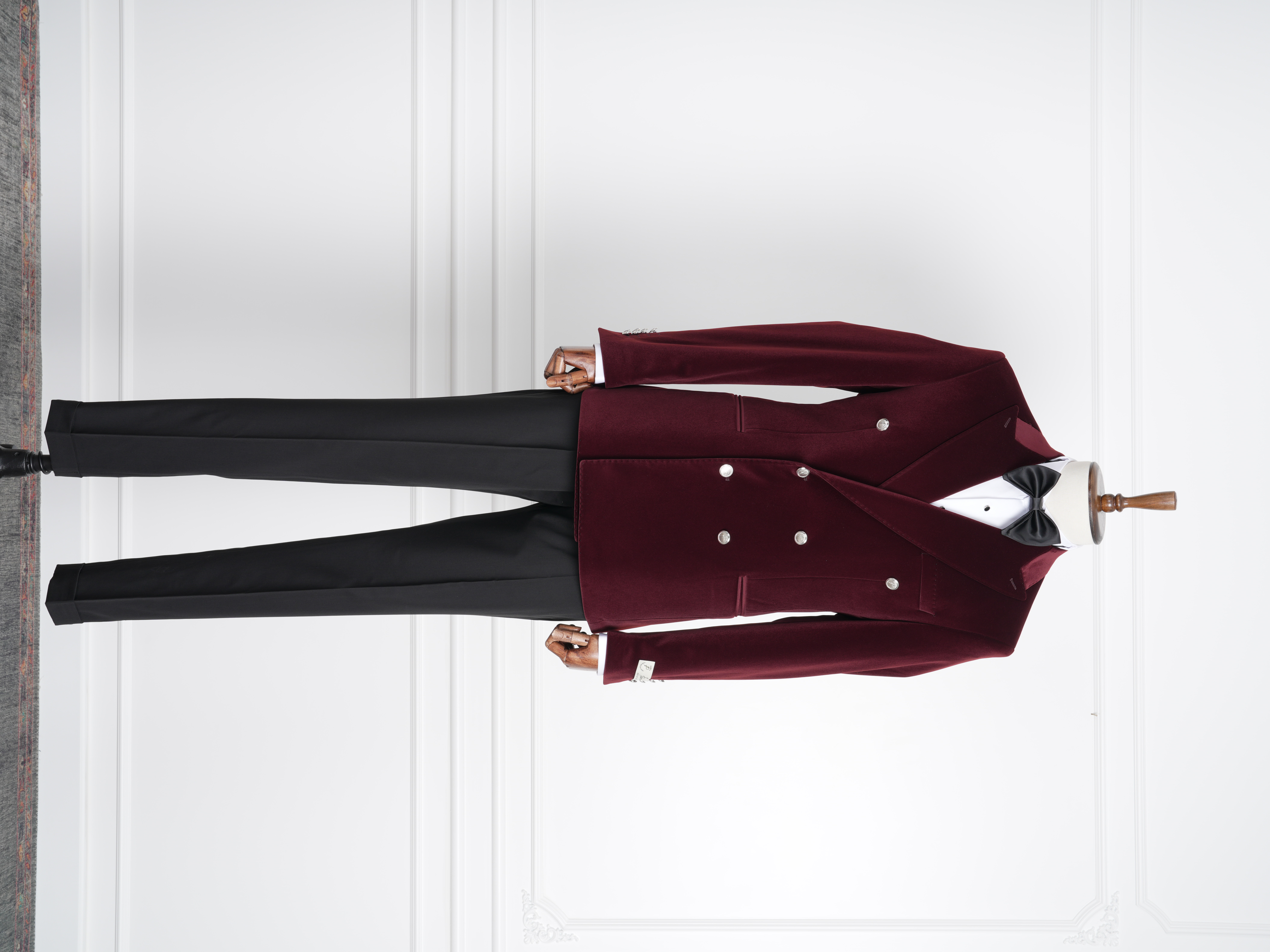 Premium Erkek Kadife Kruvaze Smokin Damatlık Metal Düğme Punto Dikişli Ceket Pantolon Papyon - Bordo