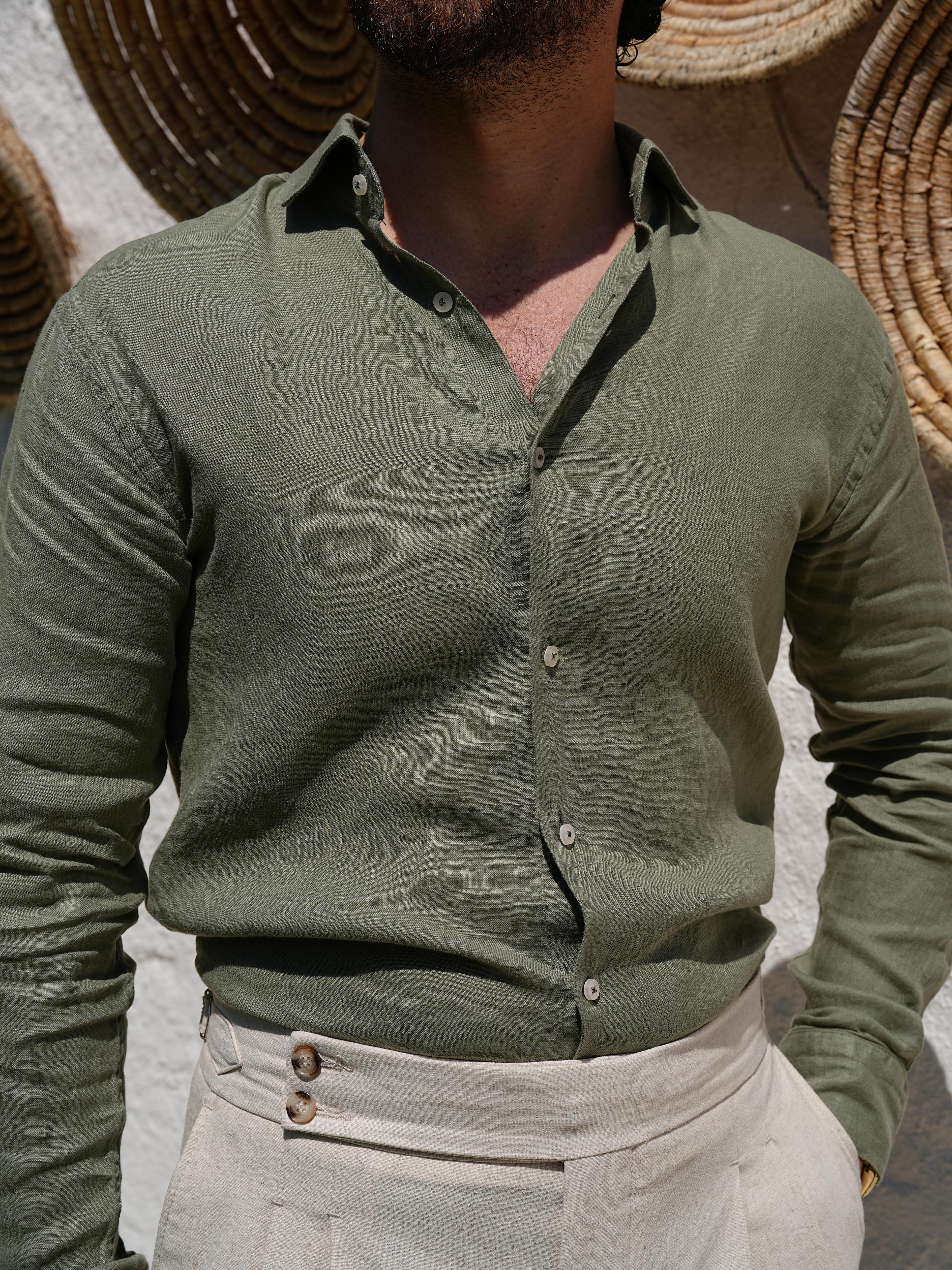 PAREZ Regular Fit Linen Shirt - Khaki