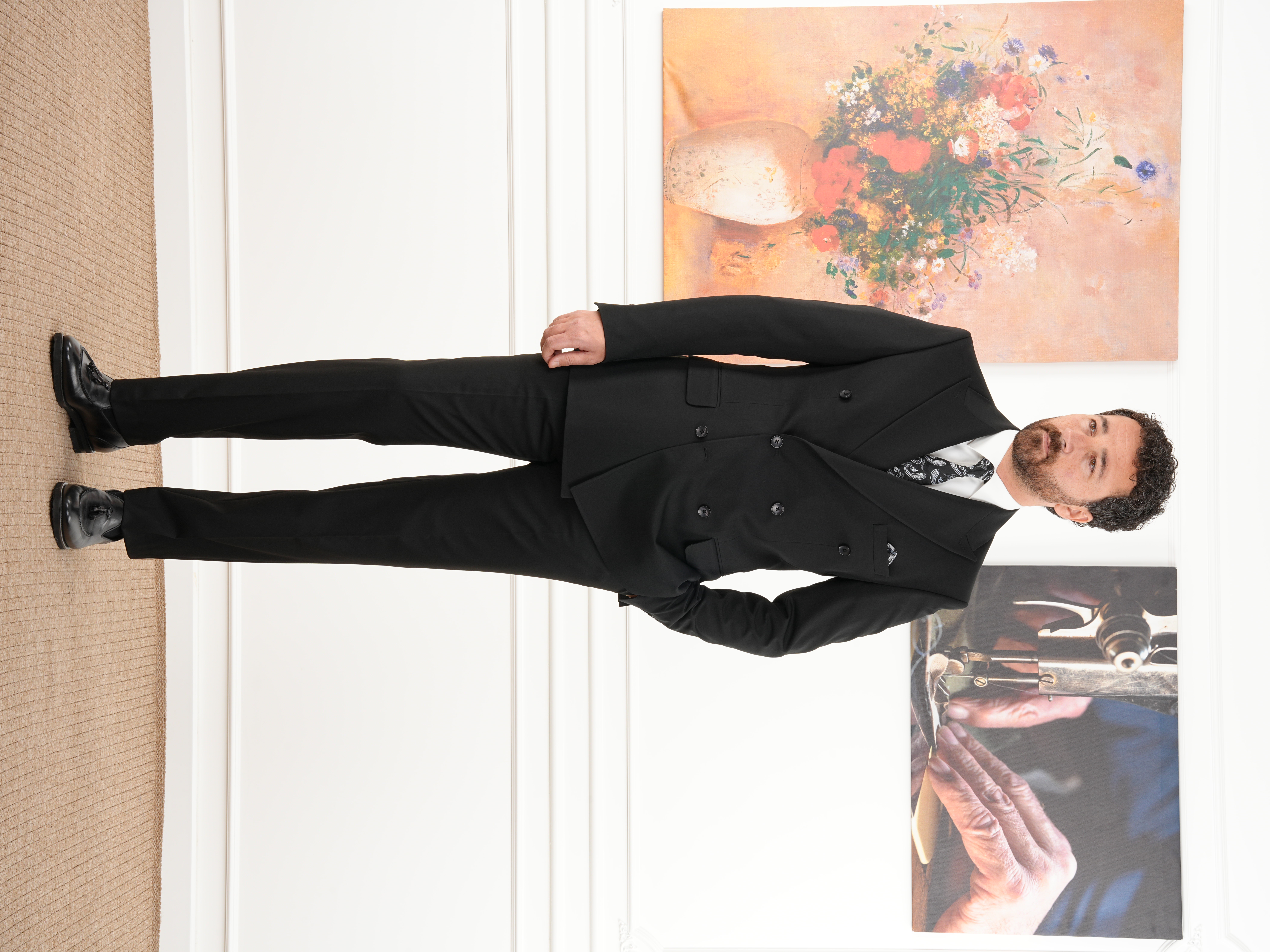 Erkek Slim Fit İtalyan Stil Kruvaze Takım Elbise Ceket Pantolon - Siyah