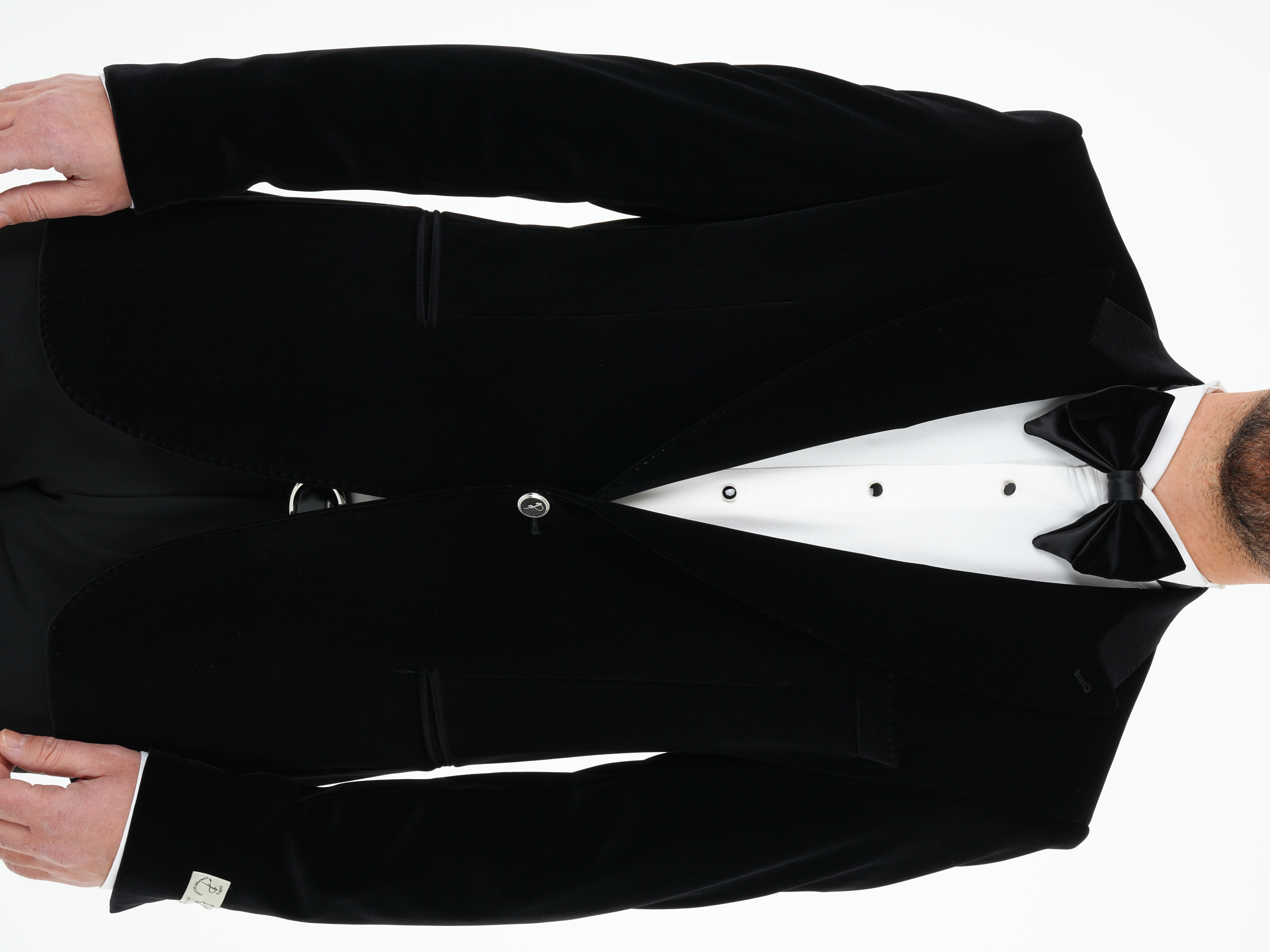 Premium Erkek Kadife Smokin Damatlık Gümüş Düğme Punto Dikişli Ceket Pantolon Papyon - Siyah