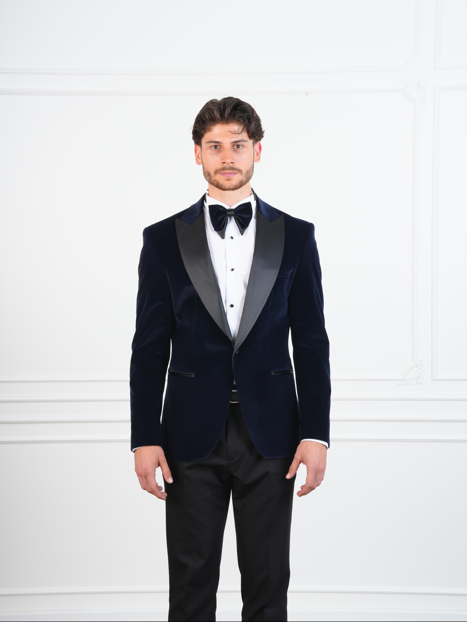 Erkek Premium Kadife Smokin Damatlık İtalyan Stil Slim Fit Ceket Pantolon Papyon - Lacivert