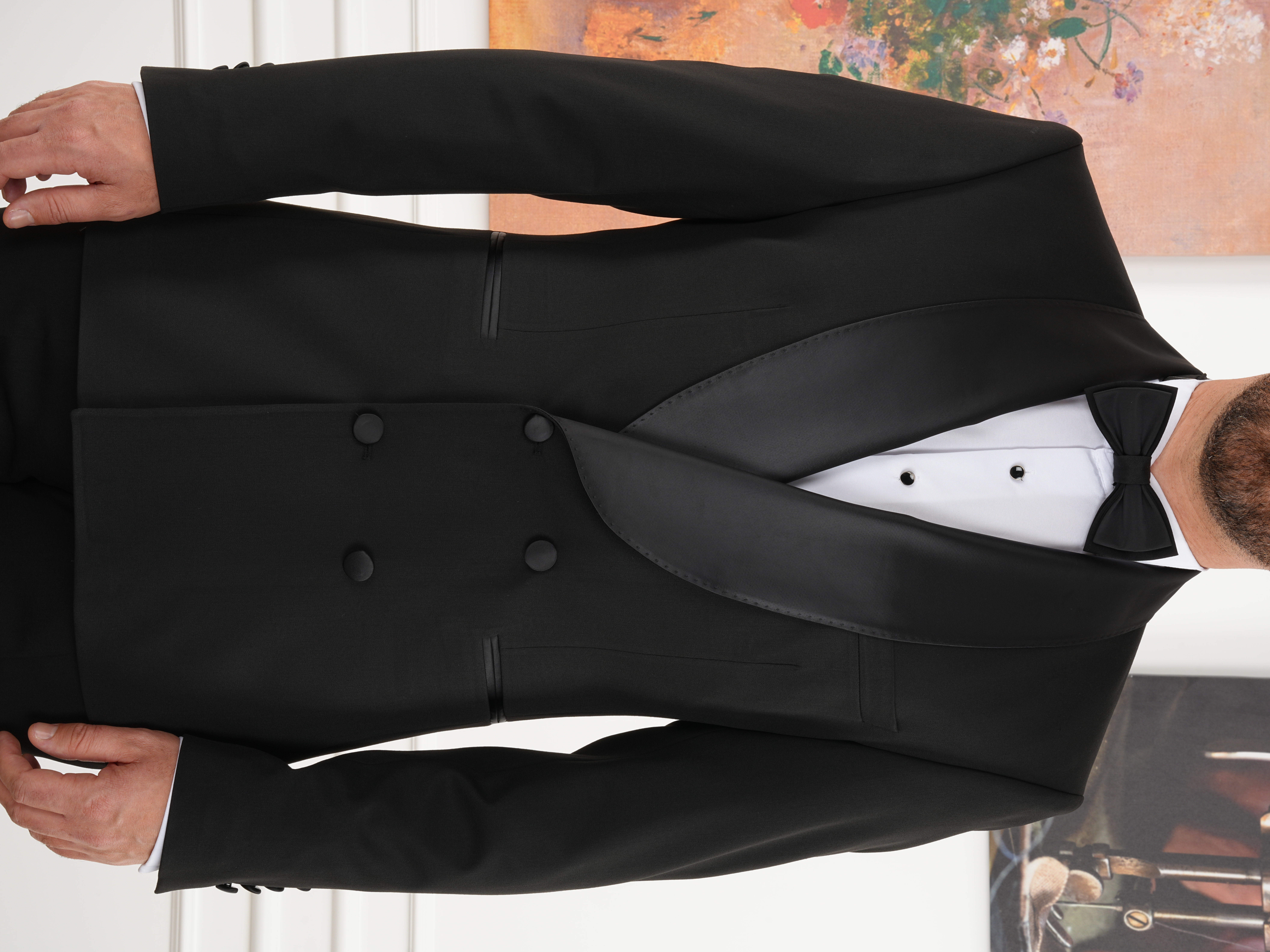 Premium Erkek Slim Fit İtalyan Stil Kruvaze Smokin Puntolu Şal Yaka Damatlık Ceket Pantolon Papyon - Siyah