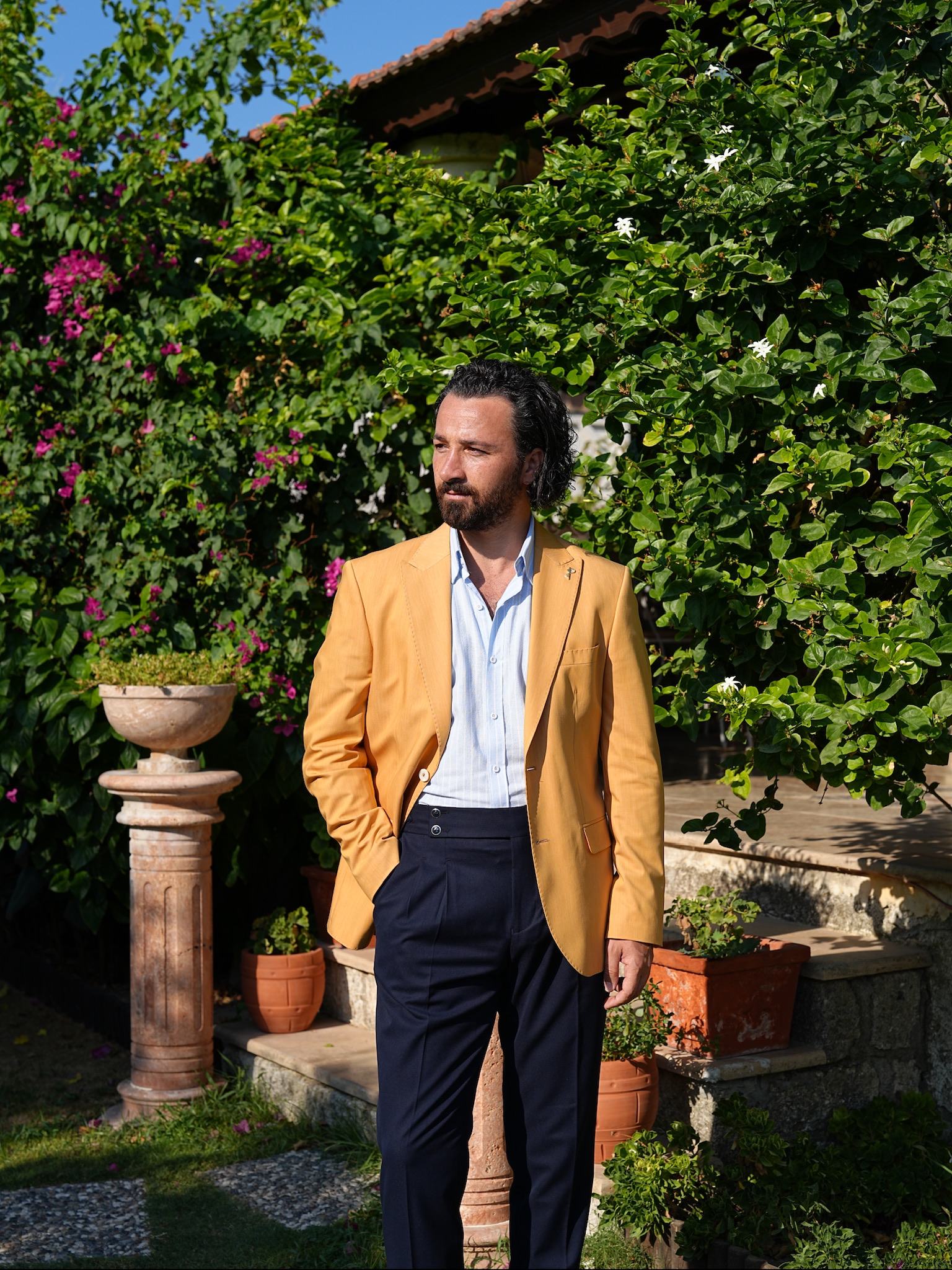 Erkek Premium İtalyan Stil Slim Fit Erkek Punto Dikişli Torba Cepli Yarım Astarlı Ceket - Sarı