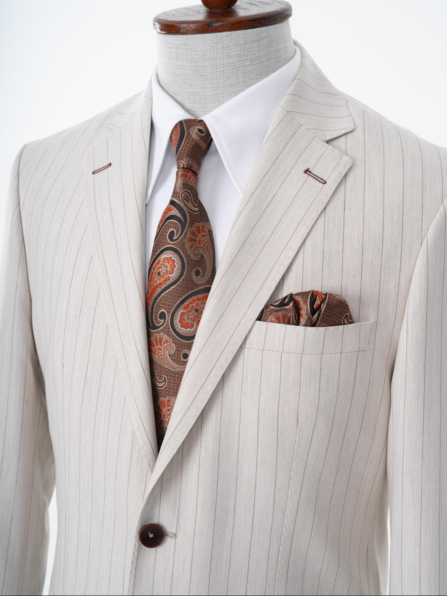 Premium Erkek Mono Yaka Çizgili Takım Elbise Slim Fit İtalyan Stil Punto Dikişli Ceket Pantolon - Krem