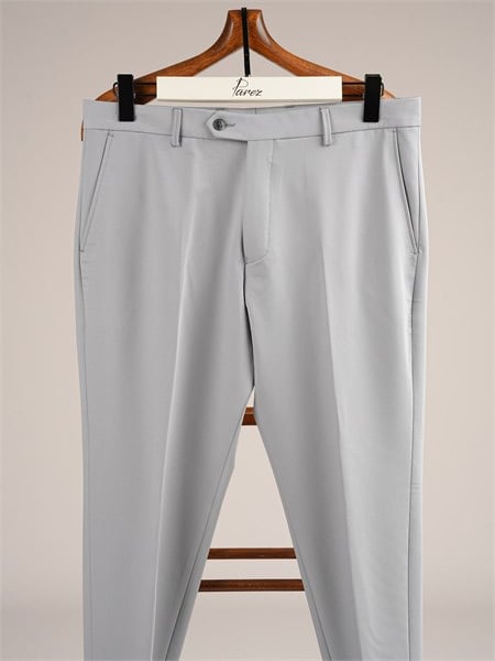 Erkek Slim Fit Yüksek Bel Duble Paça Kumaş Pantolon - Acık Gri