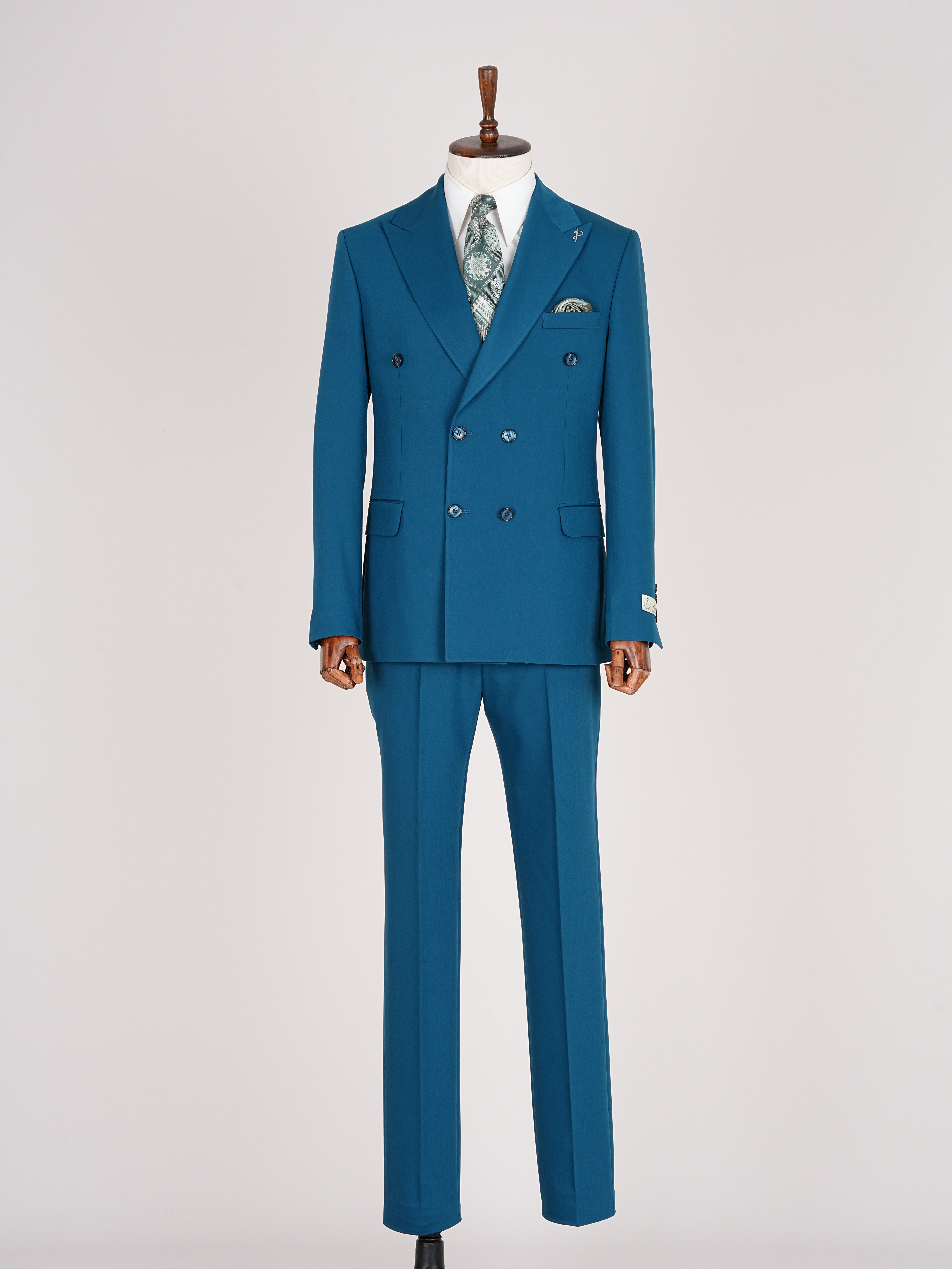 Premium Mens Double-Breasted italian Slim-Fit Suit Jacket & Trousers - Turquoise
