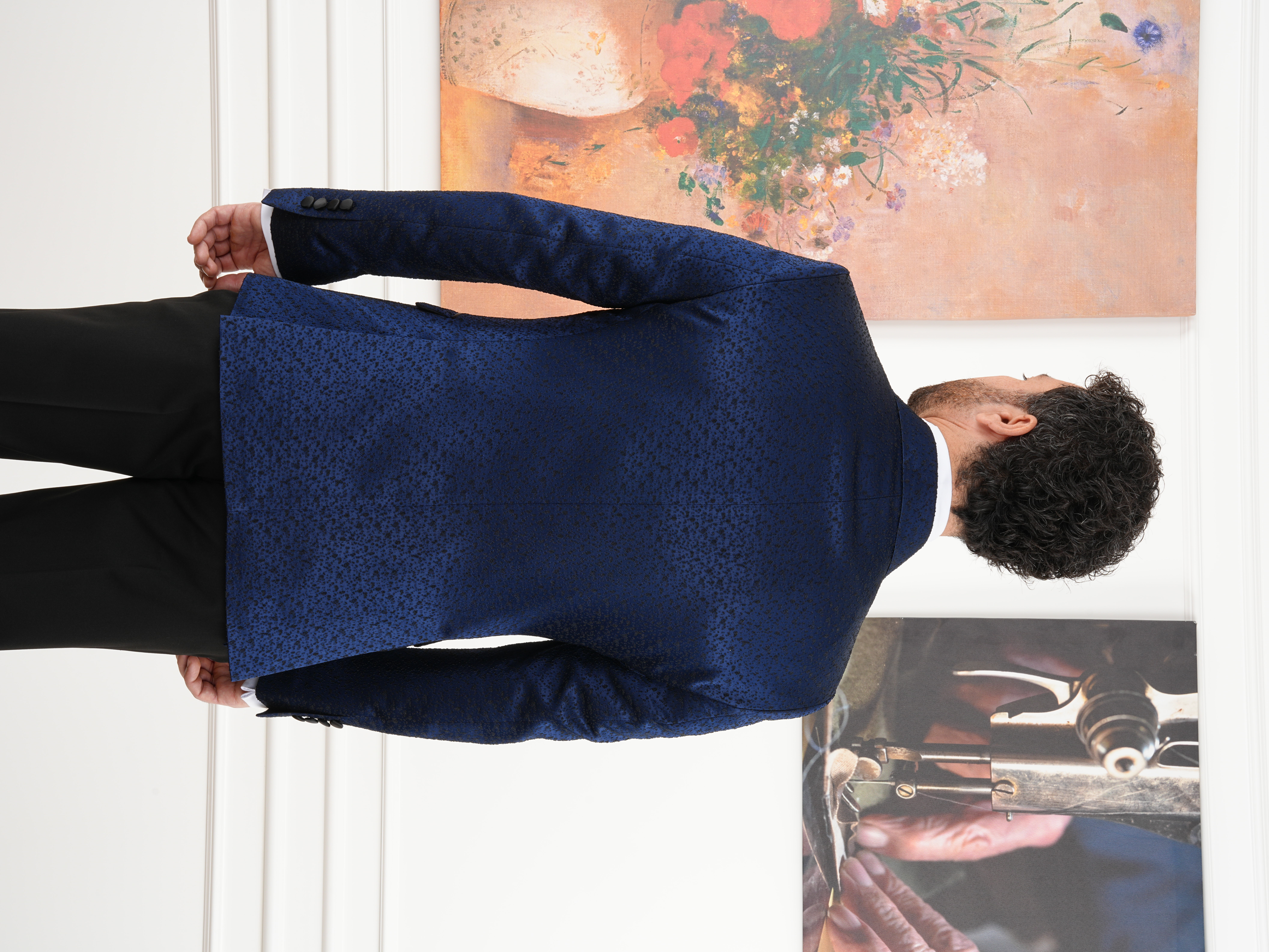 Erkek Slim Fit İtalyan Stil Jakar Desenli Damatlık Smokin Ceket Pantolon - Lacivert