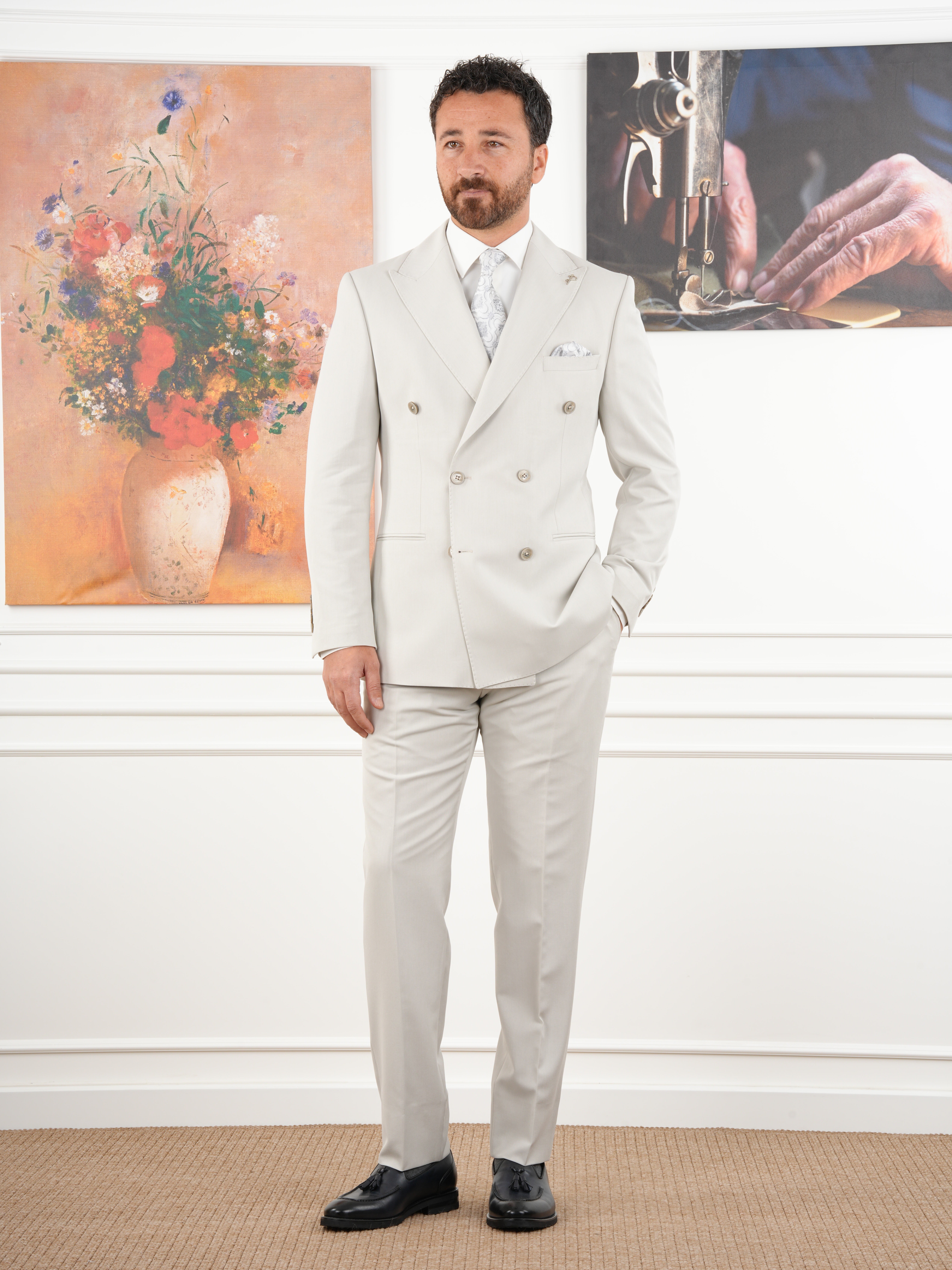 Erkek Slim Fit İtalyan Stil Kruvaze Takım Elbise Ceket Pantolon - Taş