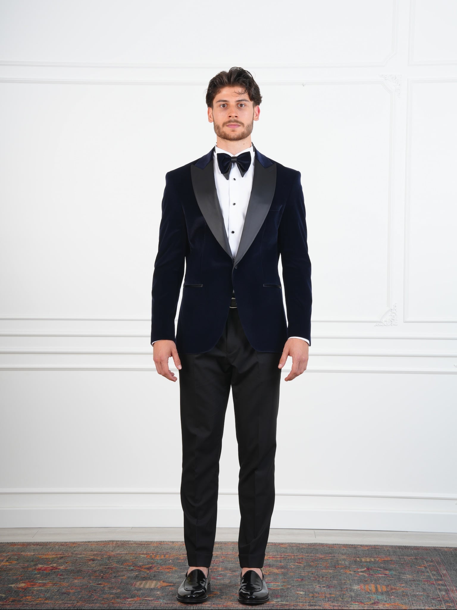 Erkek Premium Kadife Smokin Damatlık İtalyan Stil Slim Fit Ceket Pantolon Papyon - Lacivert