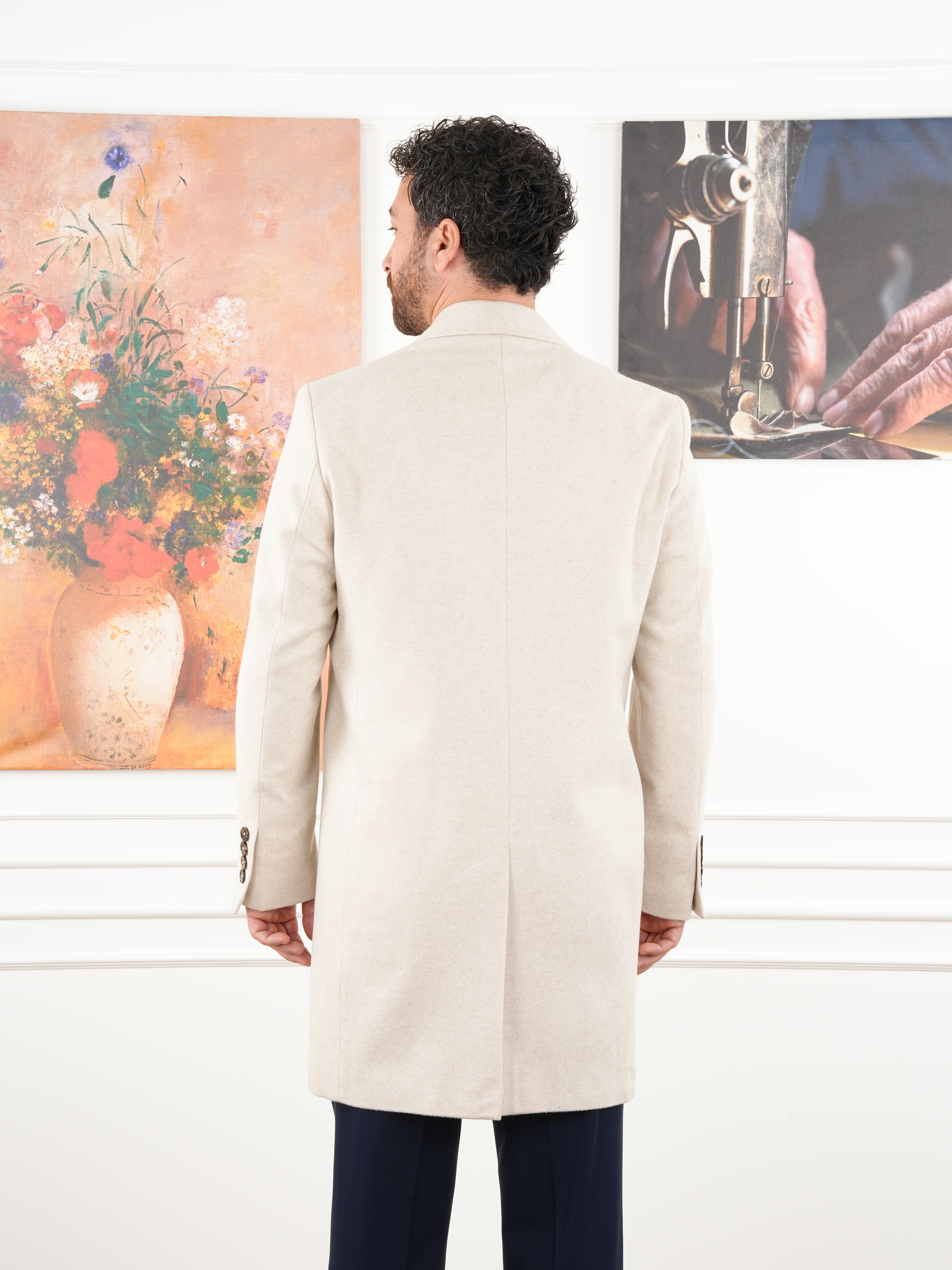 Erkek Premium İtalyan Stil Slim Fit Mono Yaka Kaşe Kaban - Bej