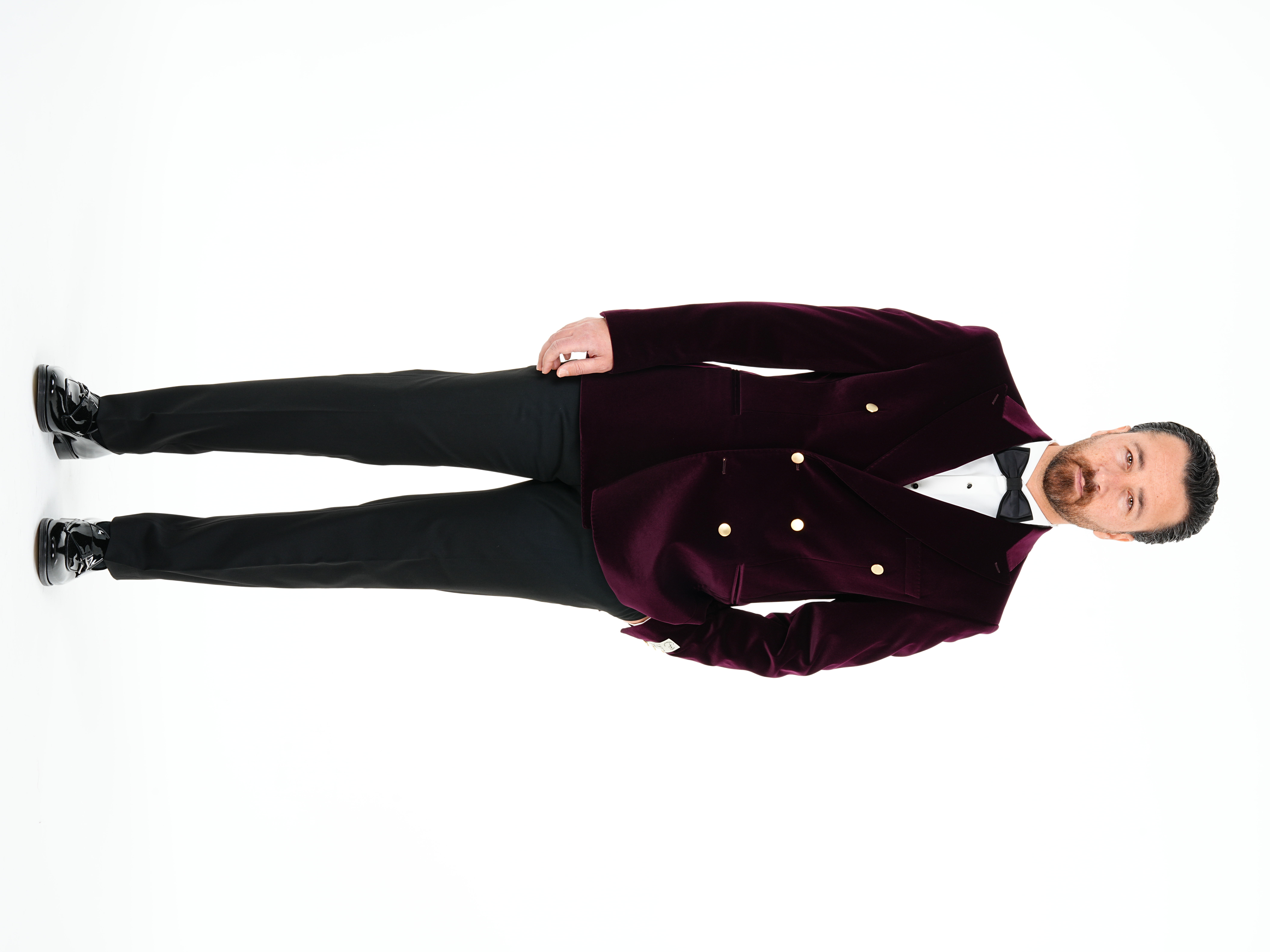 Premium Erkek Kadife Kruvaze Smokin Damatlık Gold Düğme Punto Dikişli Ceket Pantolon Papyon - Mor