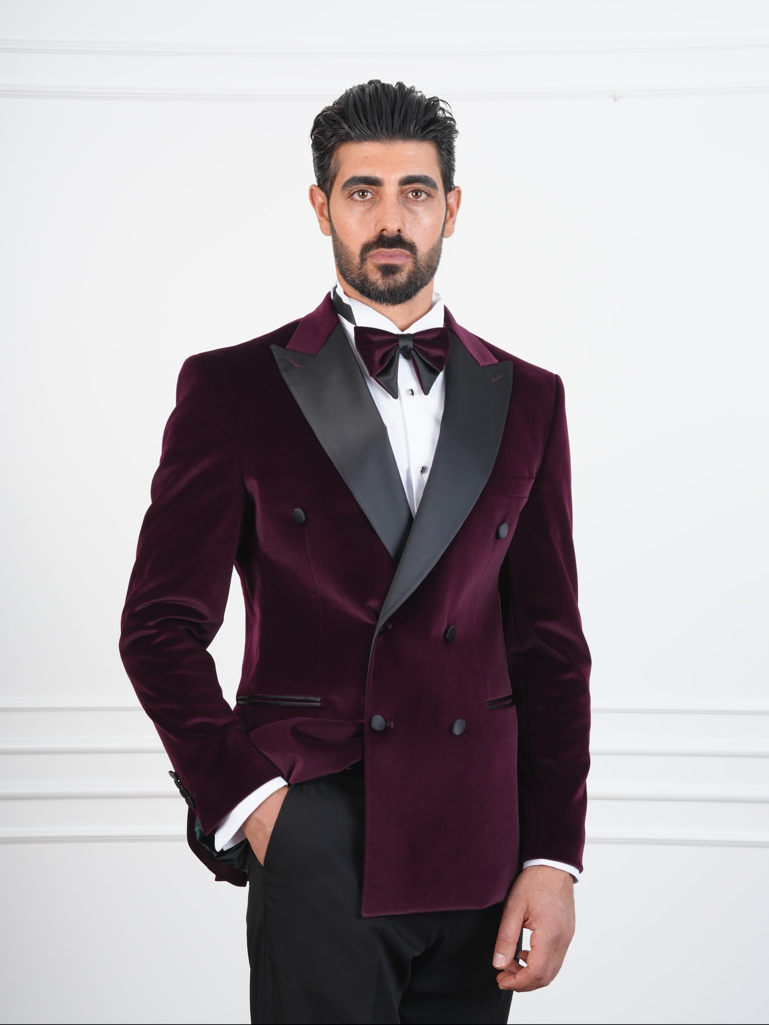 Erkek Premium Kadife Kruvaze Smokin Damatlık İtalyan Stil  Ceket Pantolon Papyon - Mor