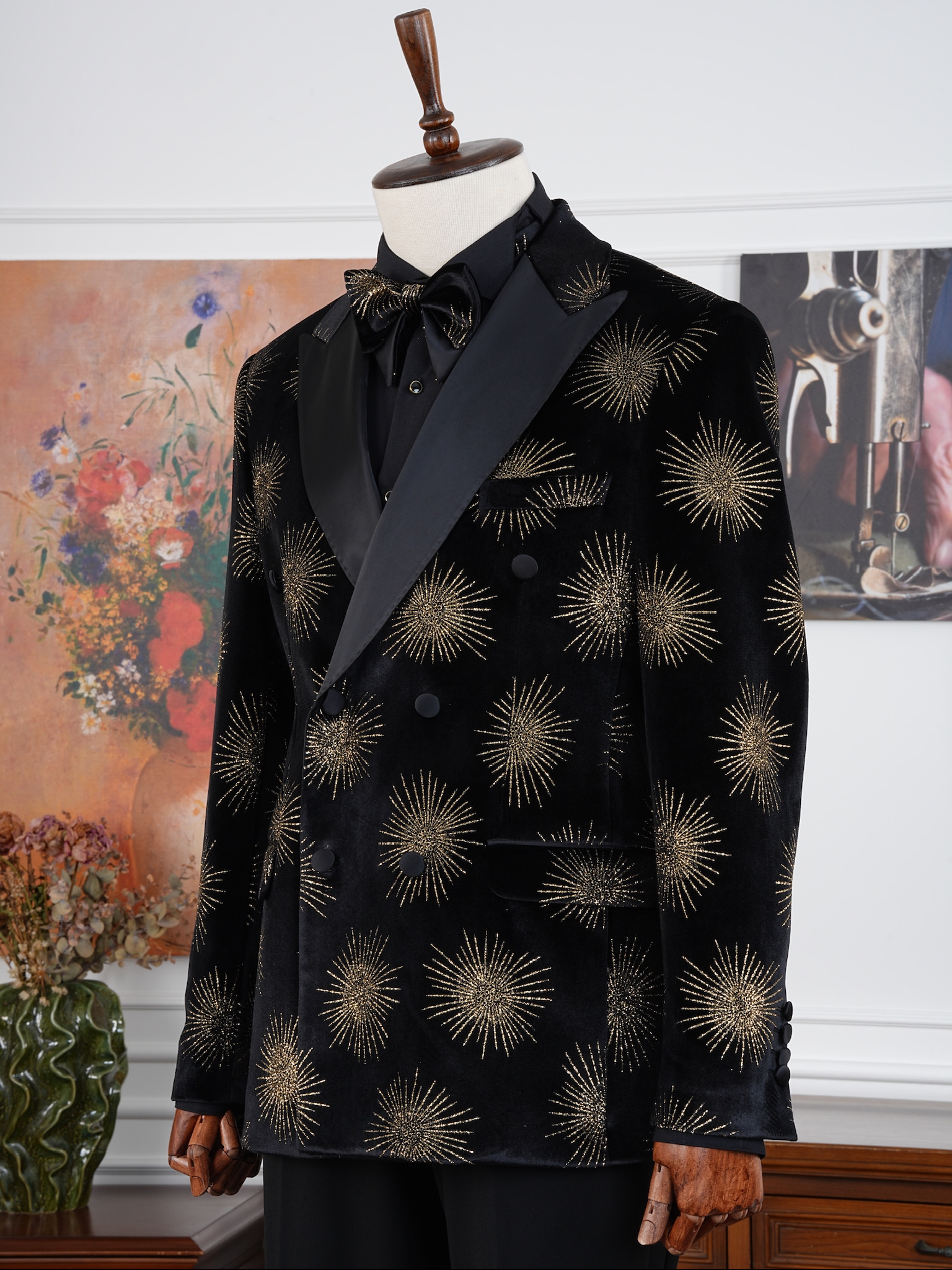 Premium Erkek Slim Fit İtalyan Stil Desenli Smokin Damatlık - Siyah