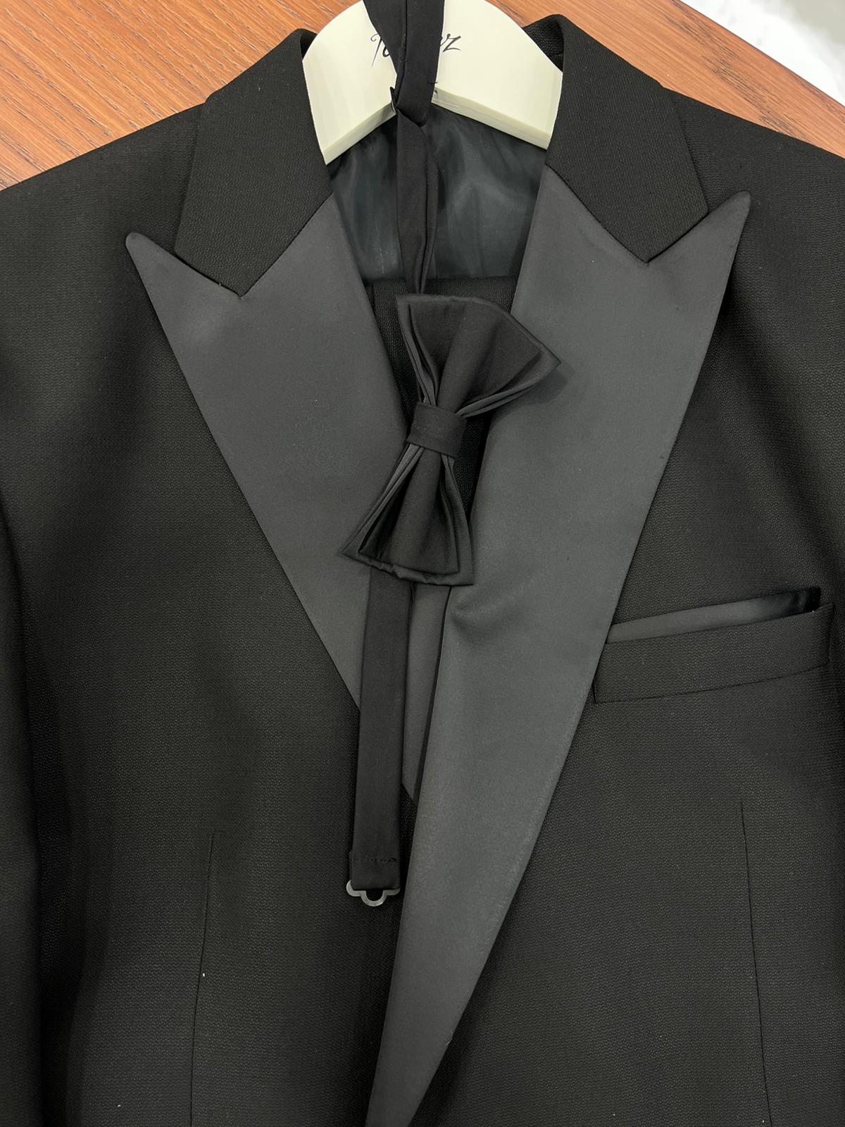 Erkek Luxury  Smokin Damatlık Gümüş Düğme Kırlangıç Yaka İtalyan Stil  Ceket Pantolon Papyon- Siyah - Siyah