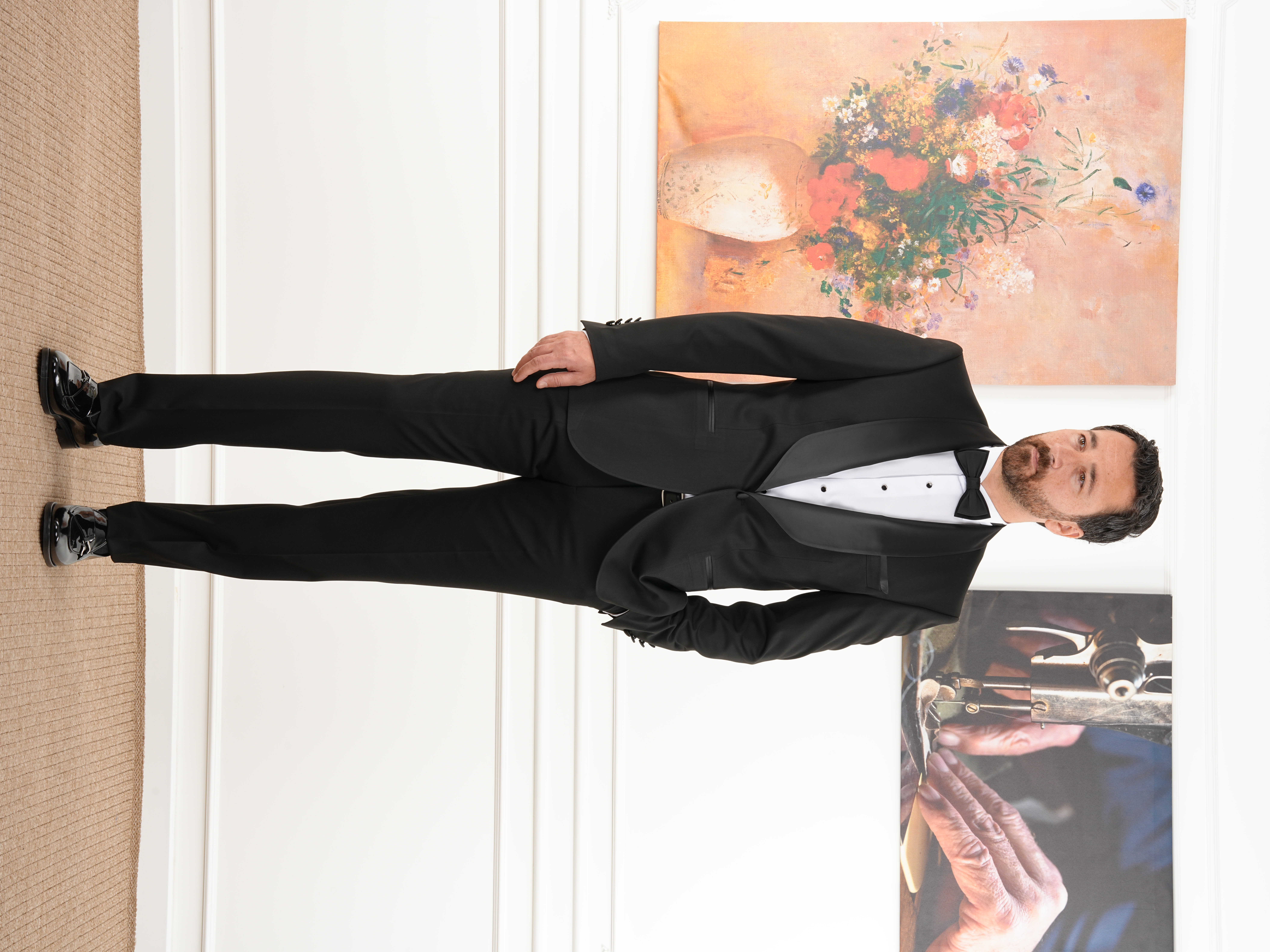 Erkek Smokin Damatlık İtalyan Stil Şal Yaka Ceket Pantolon Papyon-Siyah - Siyah