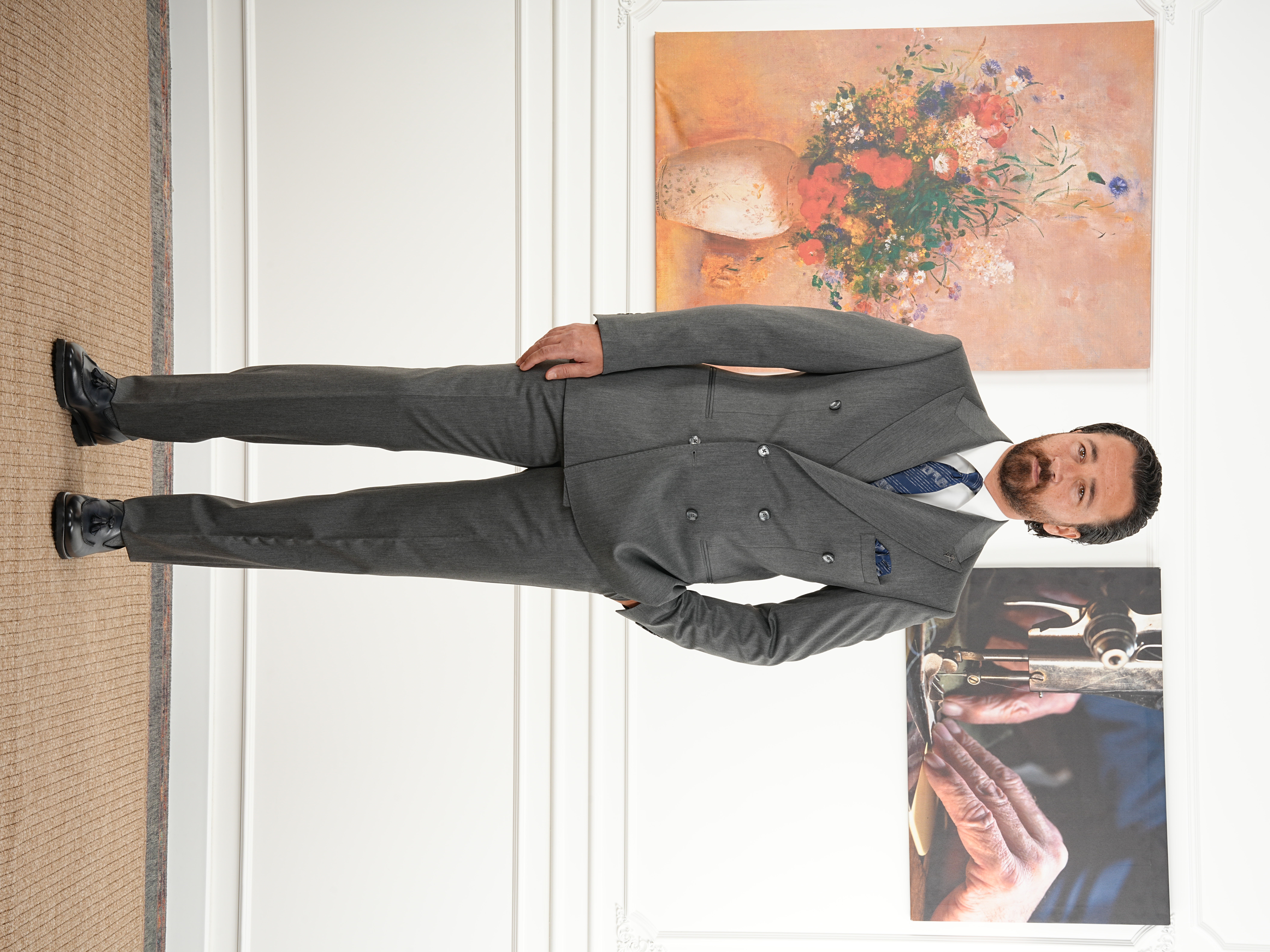 Erkek Slim Fit İtalyan Stil Kruvaze Takım Elbise Ceket Pantolon - Füme