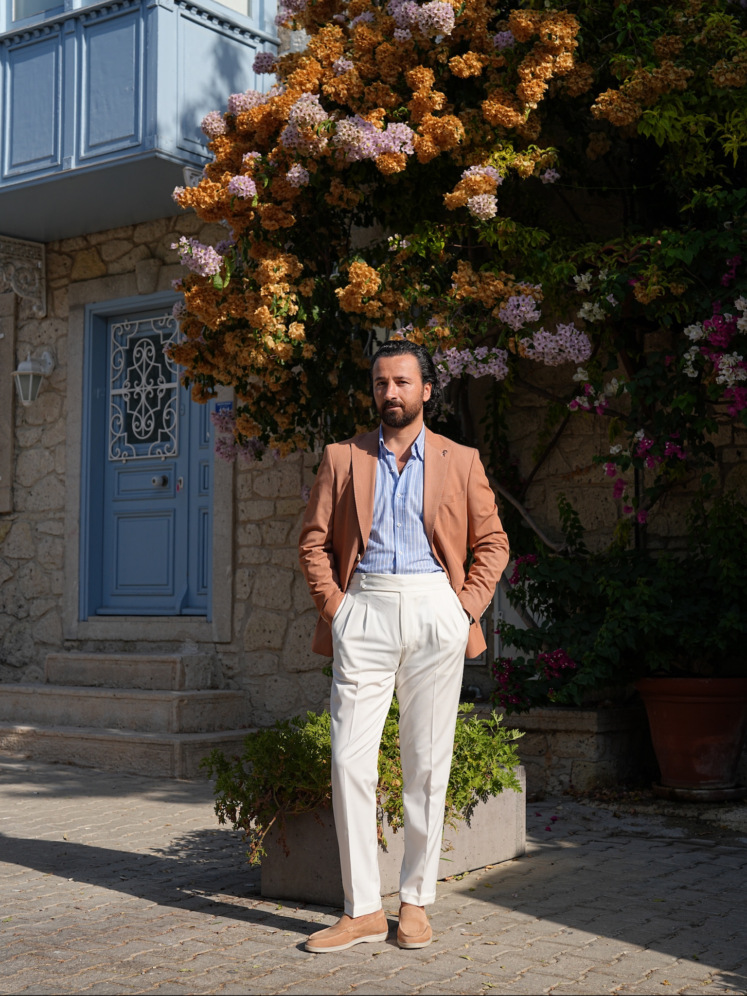 Erkek Premium İtalyan Stil Slim Fit Erkek Punto Dikişli Torba Cepli Yarım Astarlı Ceket - Taba