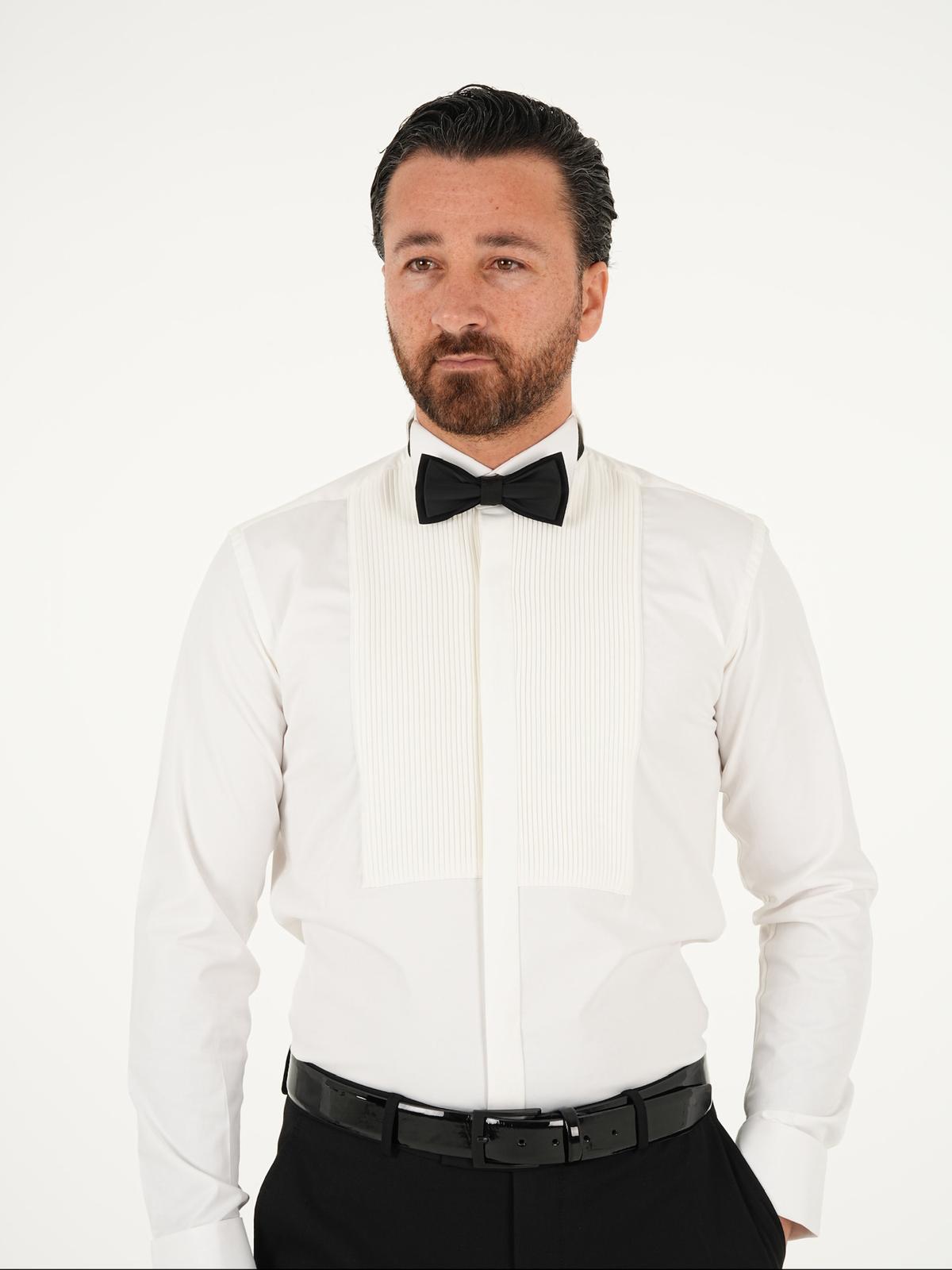 Erkek Premium Slim Fit Ata Yaka Piliseli Gömlek - Beyaz