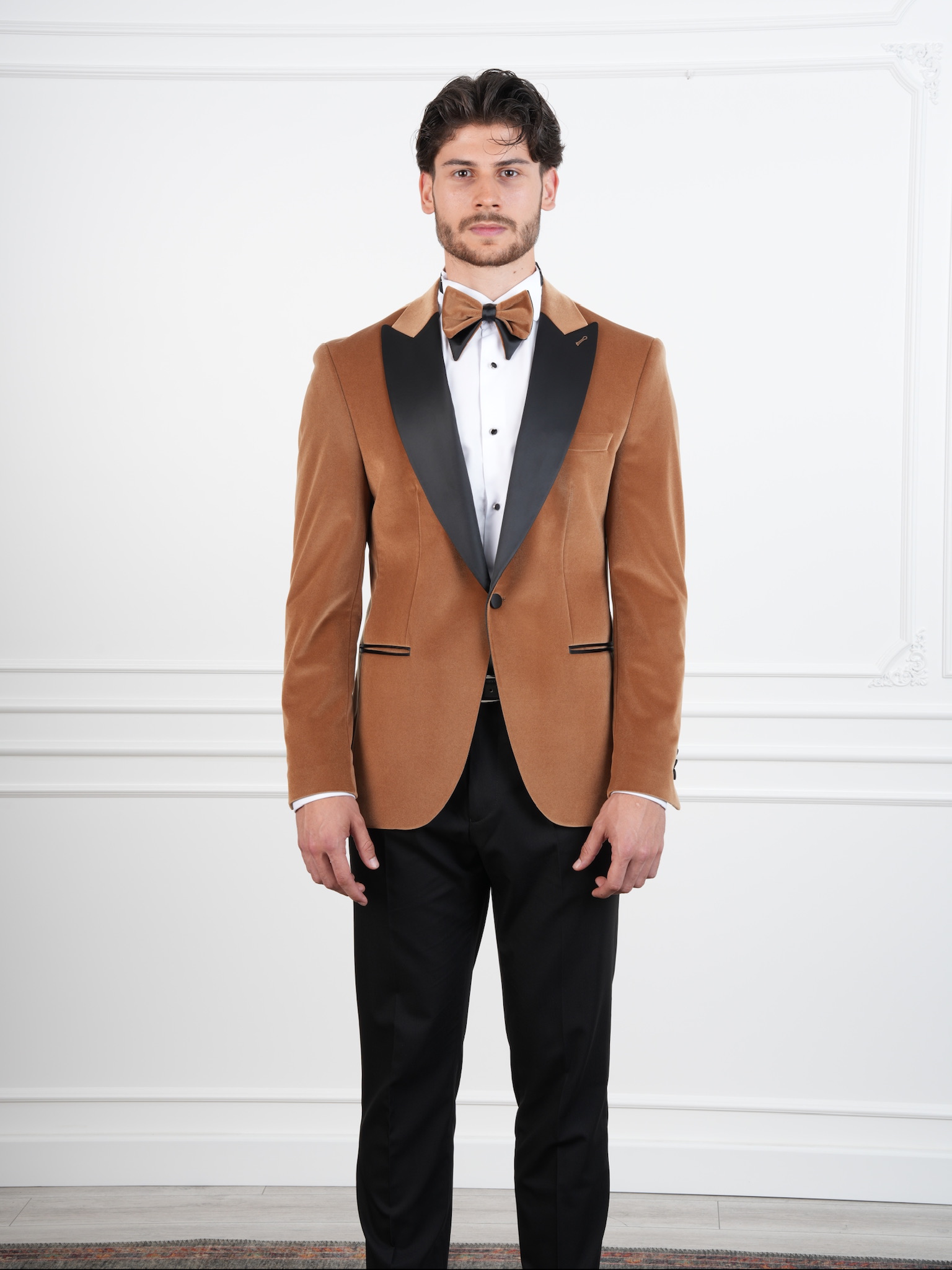 Erkek Premium Kadife Smokin Damatlık İtalyan Stil Slim Fit Ceket Pantolon Papyon - Krem